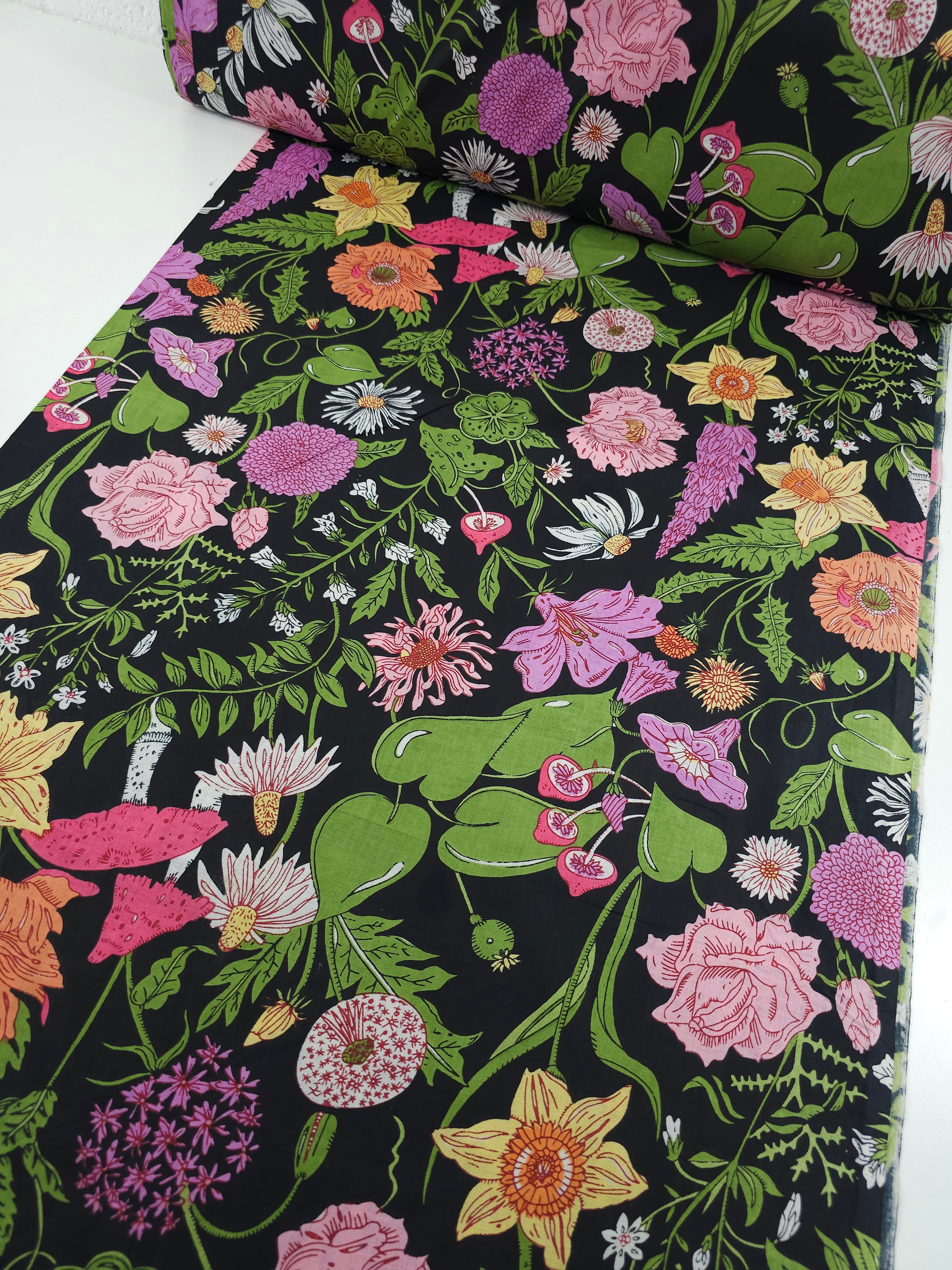 Black Floral Shroom Field Cambric Cotton