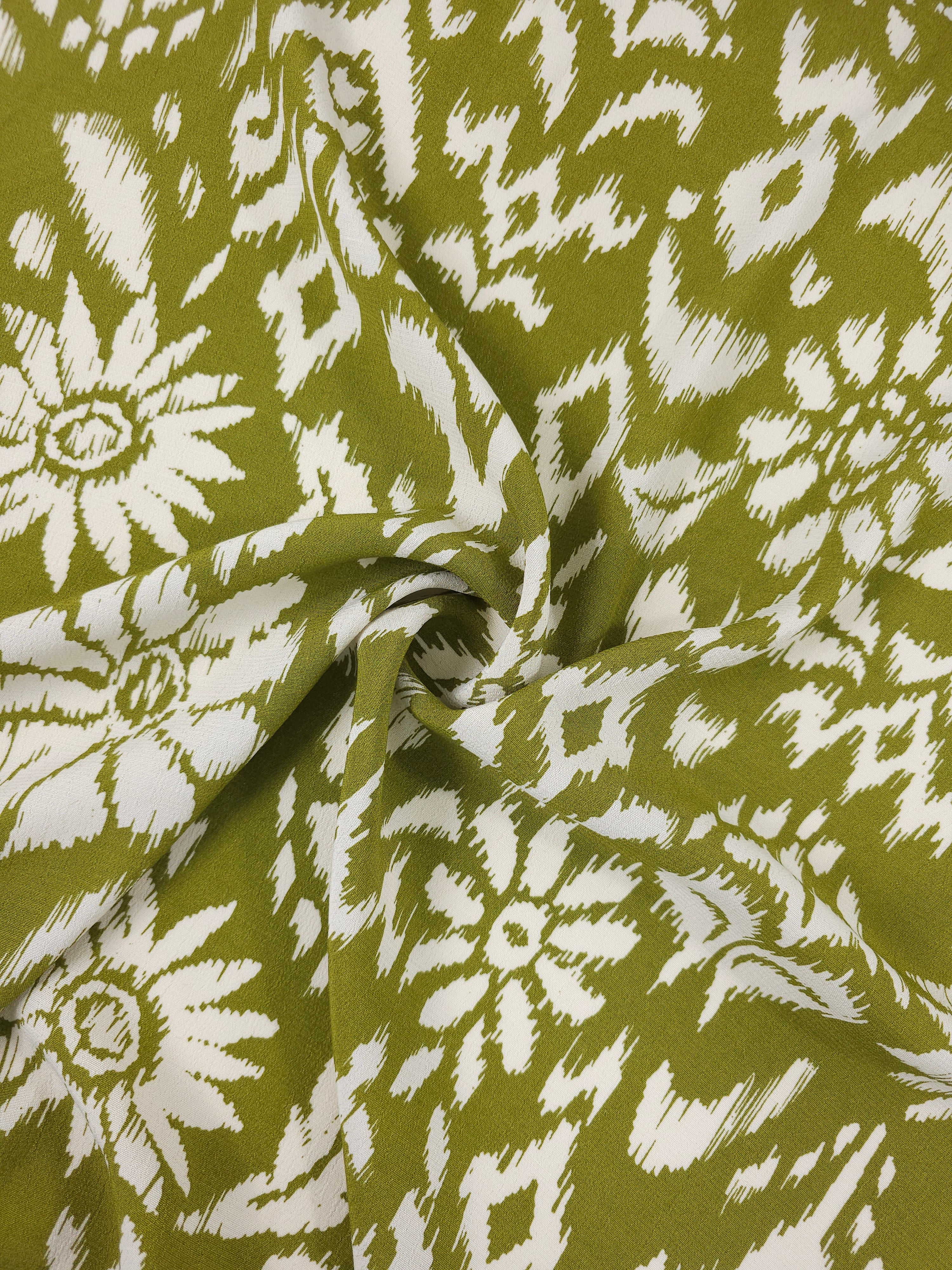 Deep Lime Damask Floral Viscose Crepe