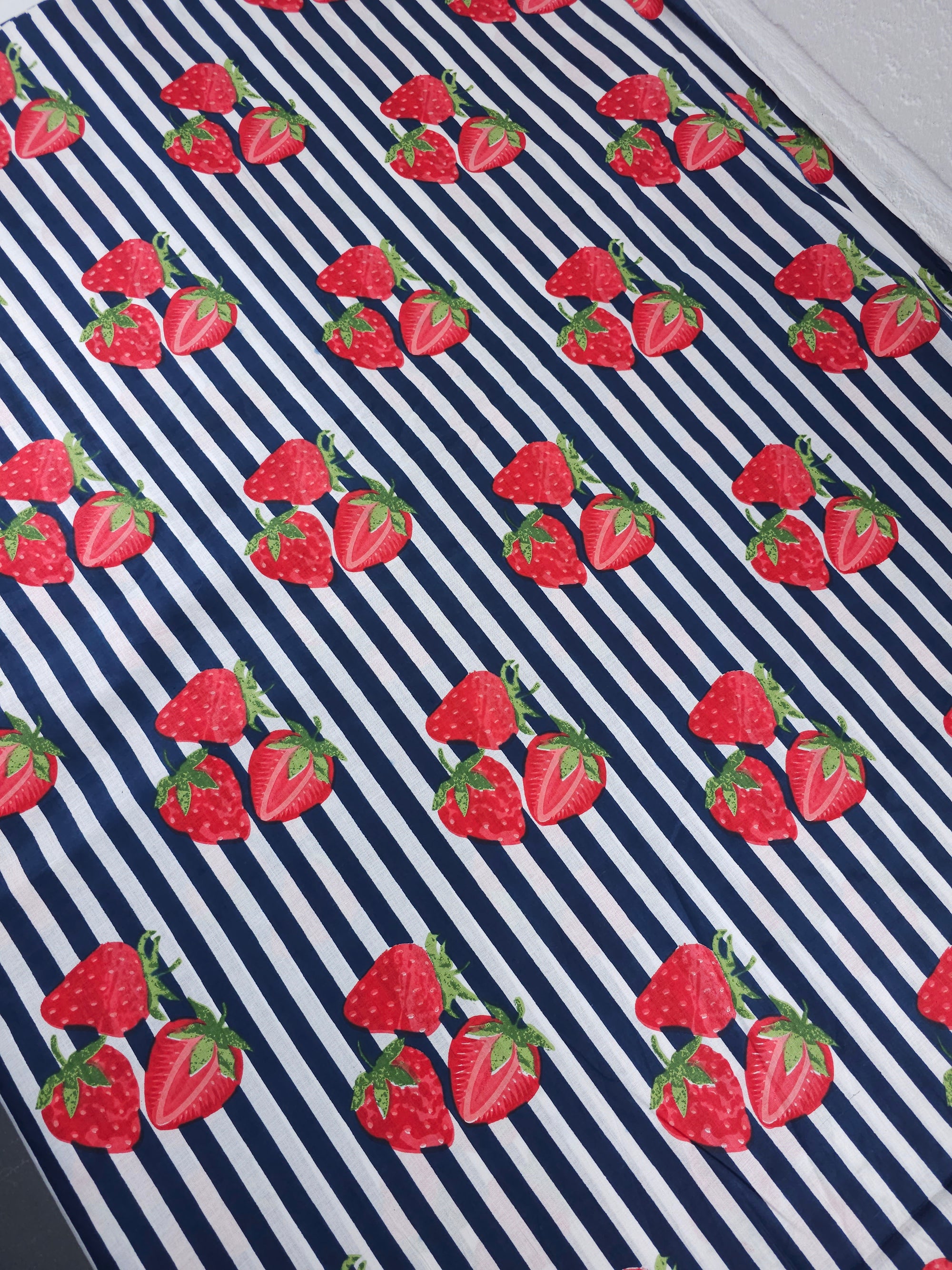 Navy Strawberry Stripe Lightweight Cambric Cotton