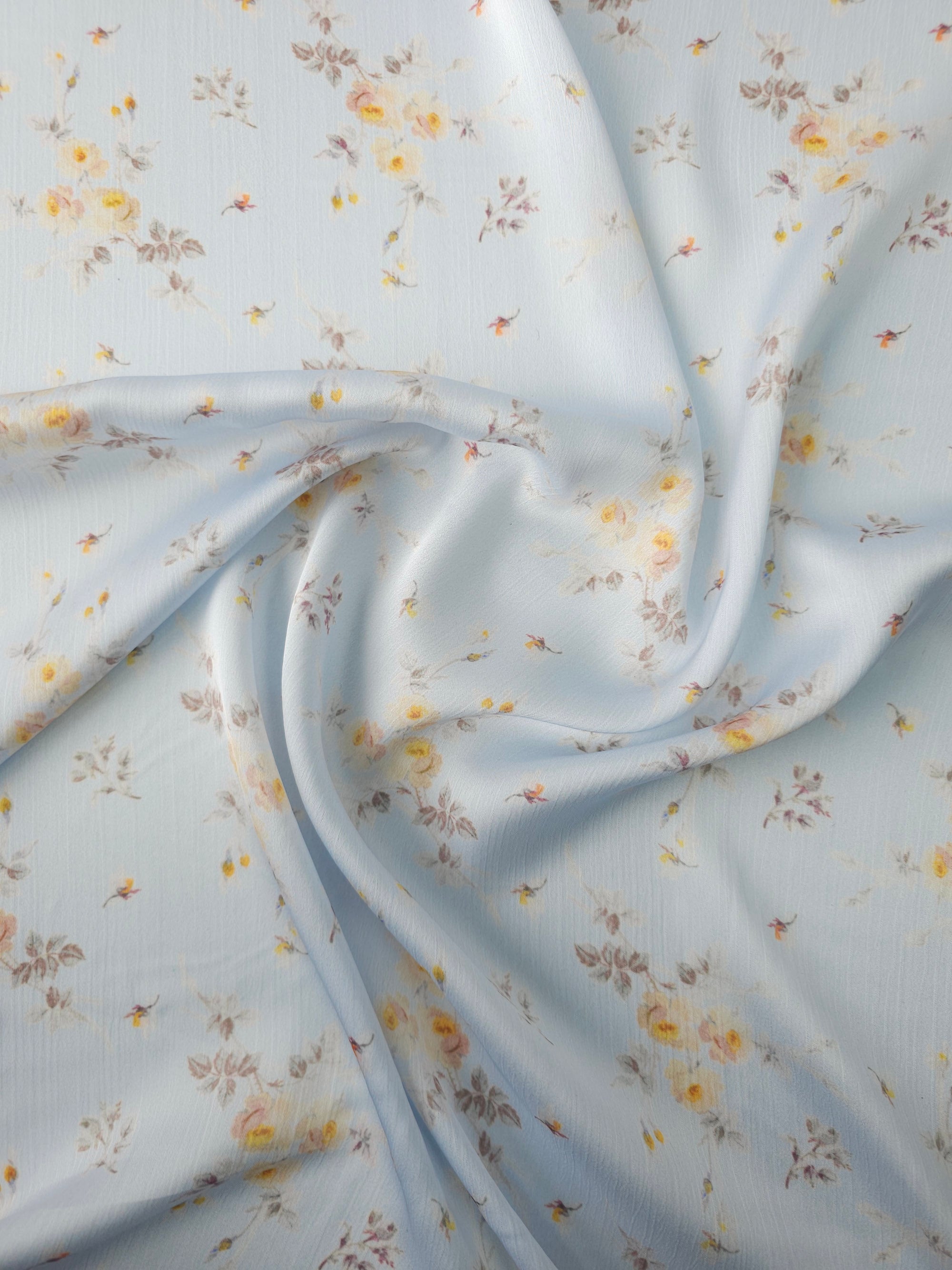 Pale Blue Vintage Floral Crinkle Poly Satin