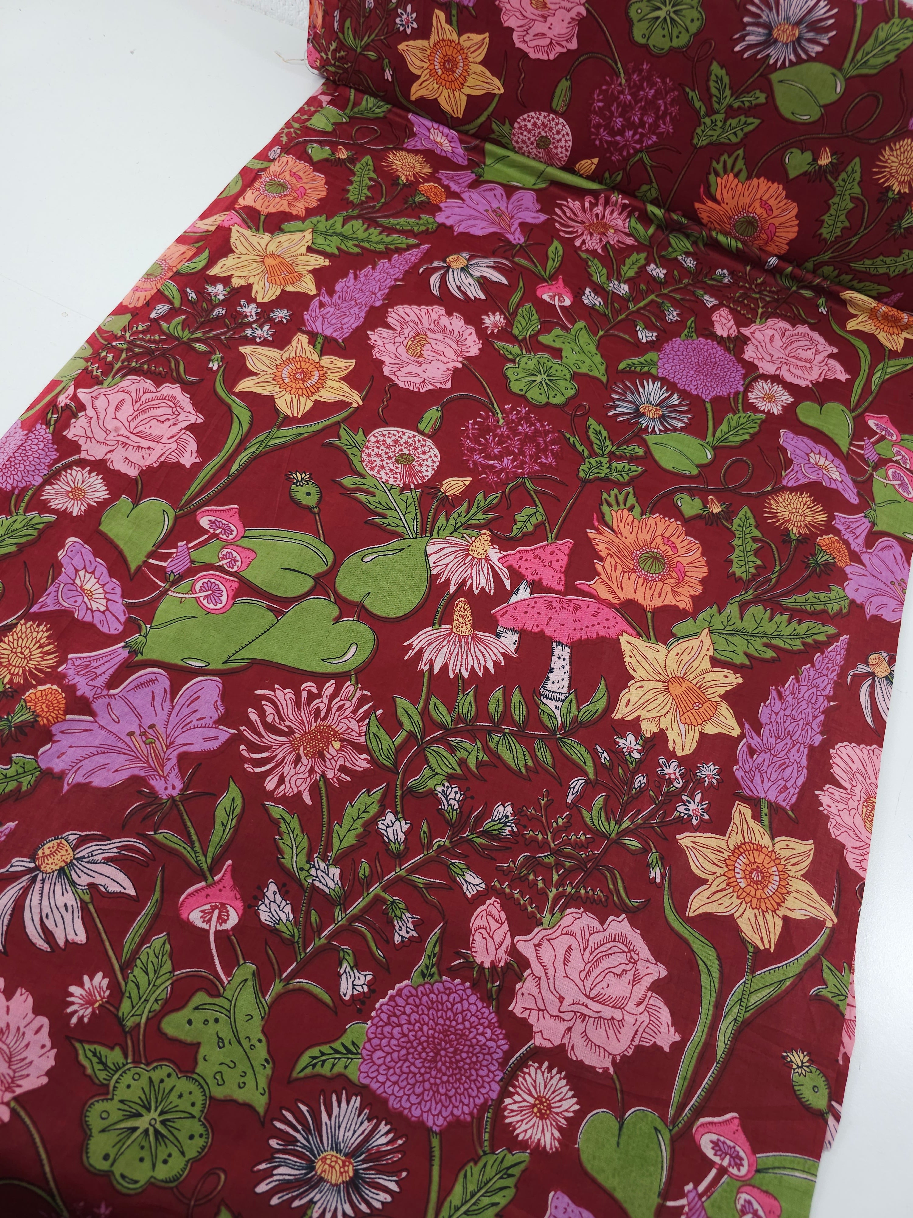 Burgundy Floral Shroom Field Cambric Cotton