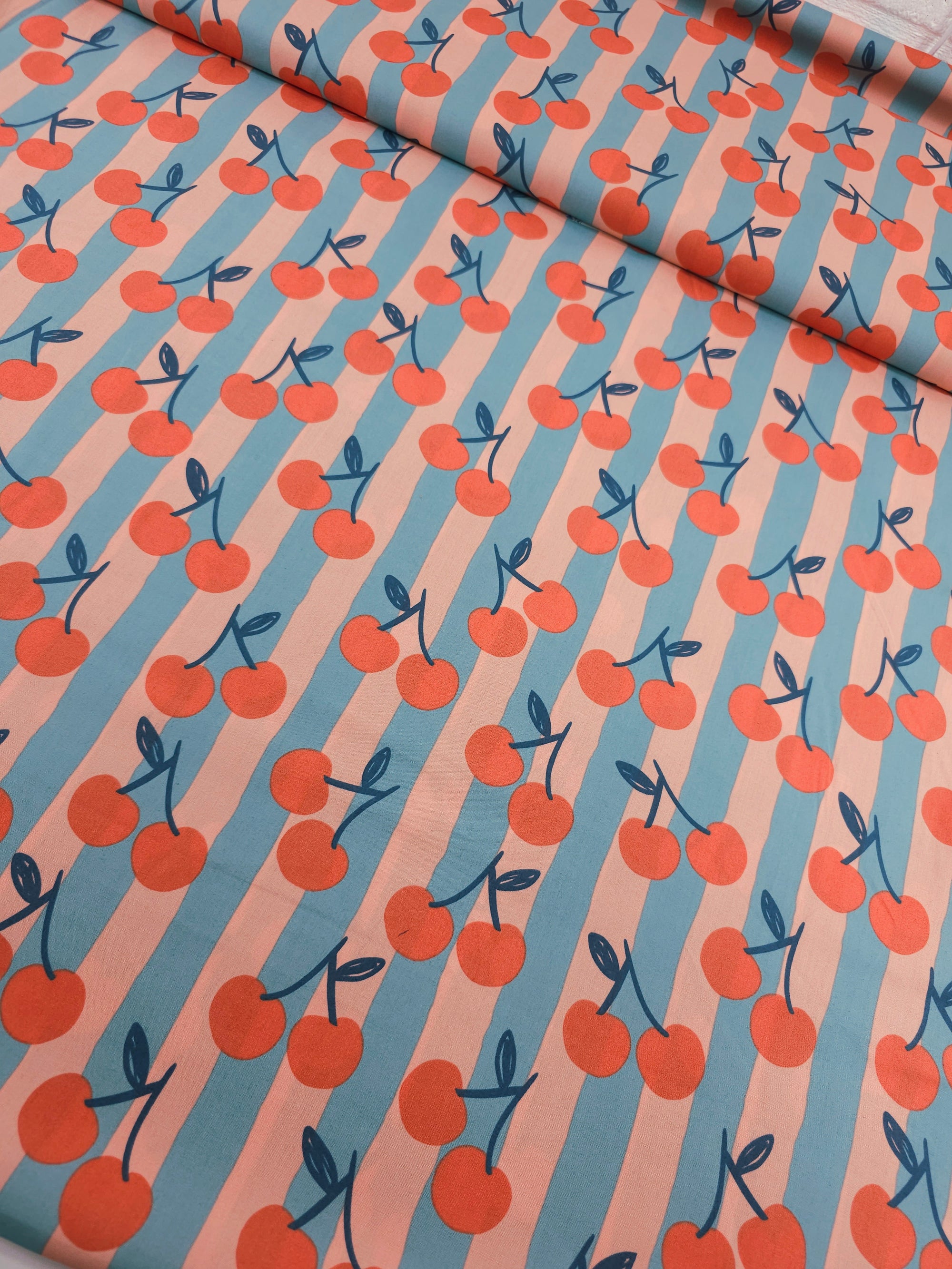 Peach/Teal Cherry Stripe 100% Cotton 57"
