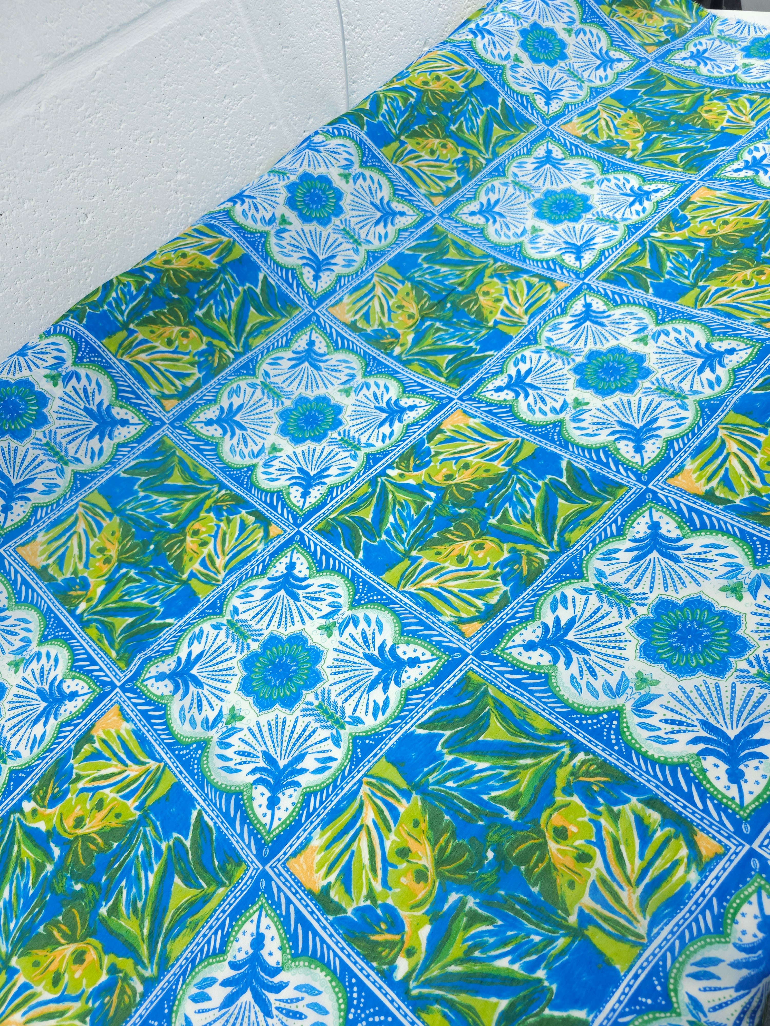 Blue/Green Palm Tile Viscose Voile