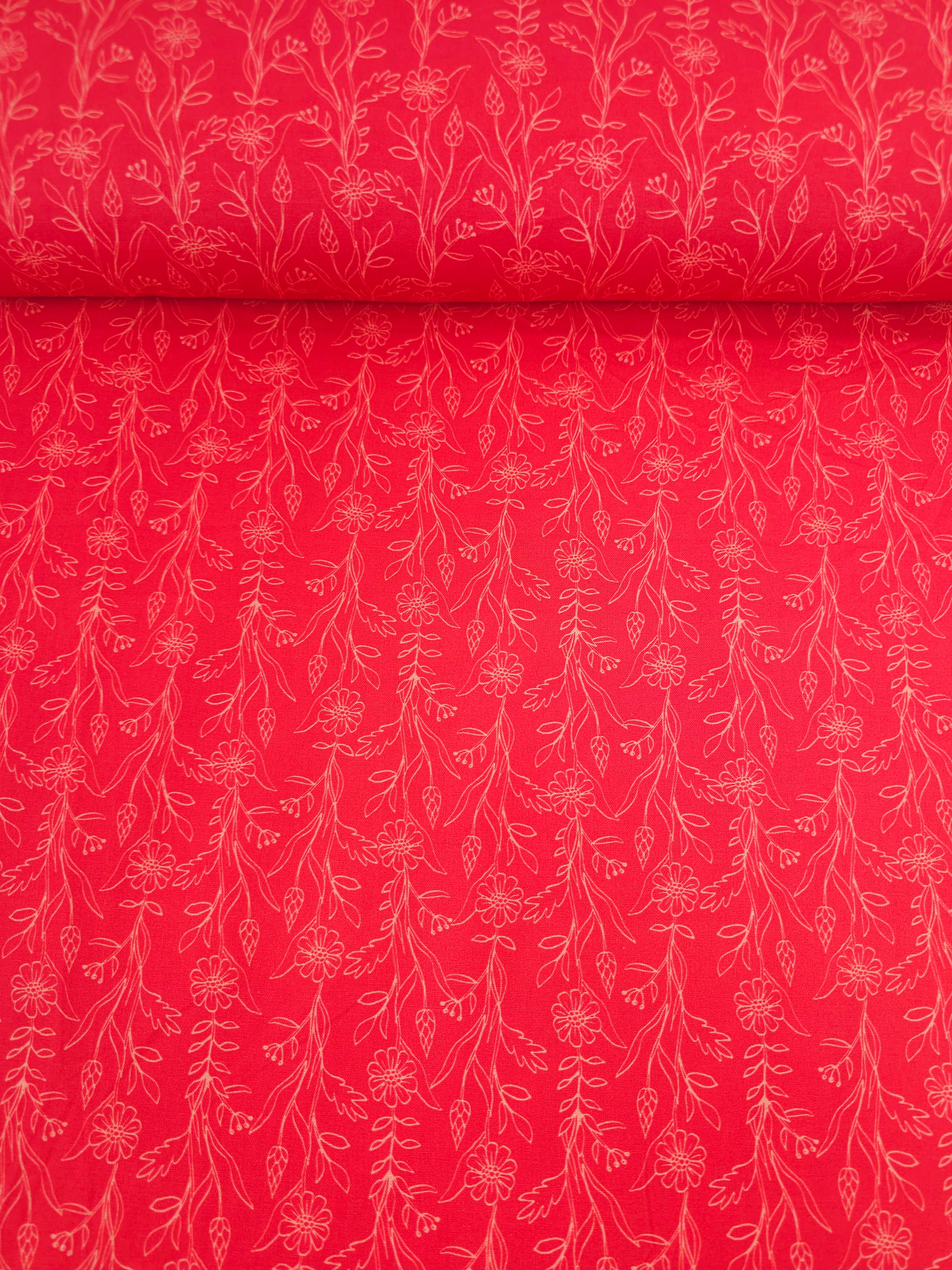 Red Sketch Floral Twine 100% Cotton