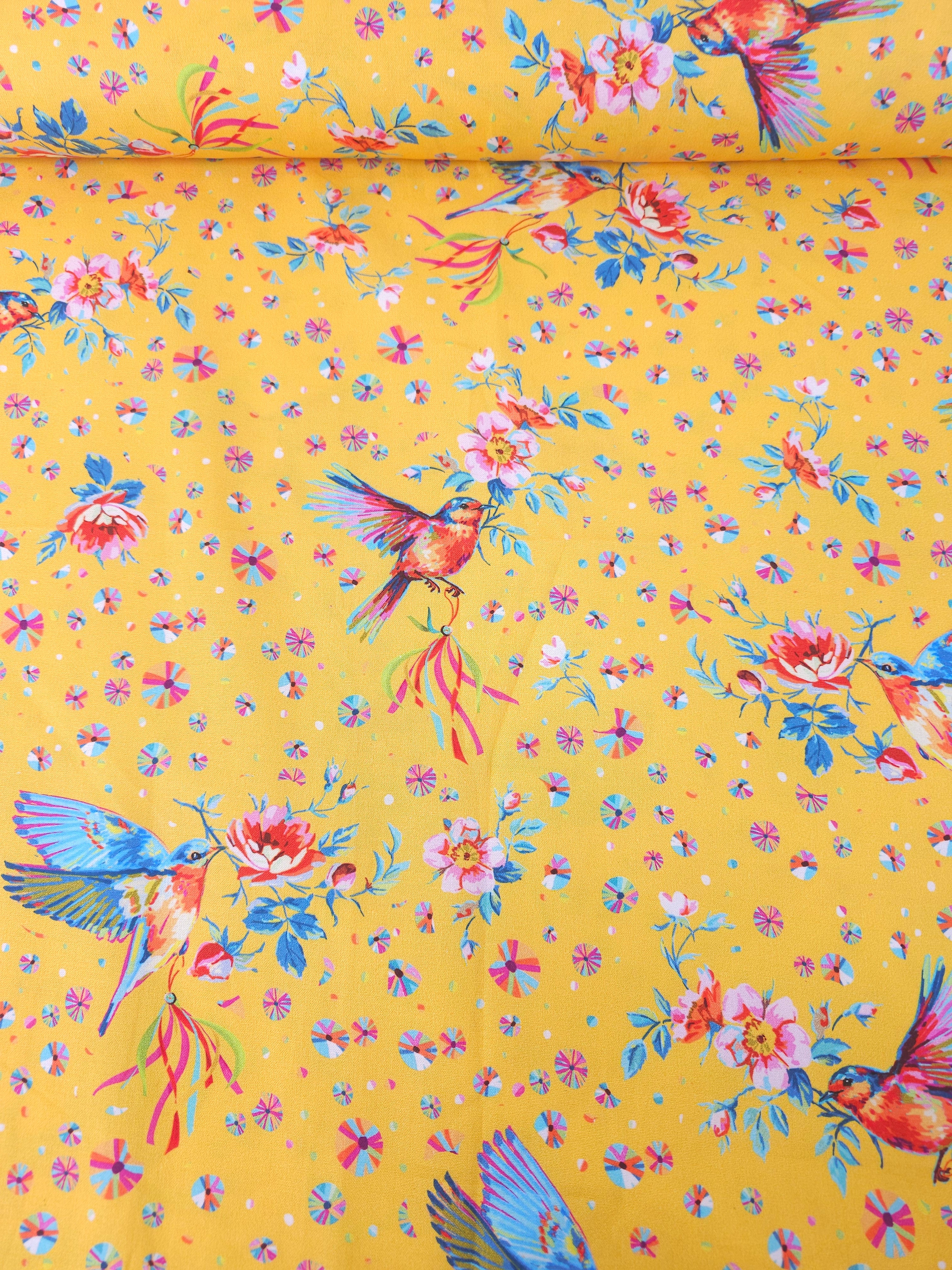 Warm Yellow Floral Hummingbird 100% Cotton - Odile Bailloeul