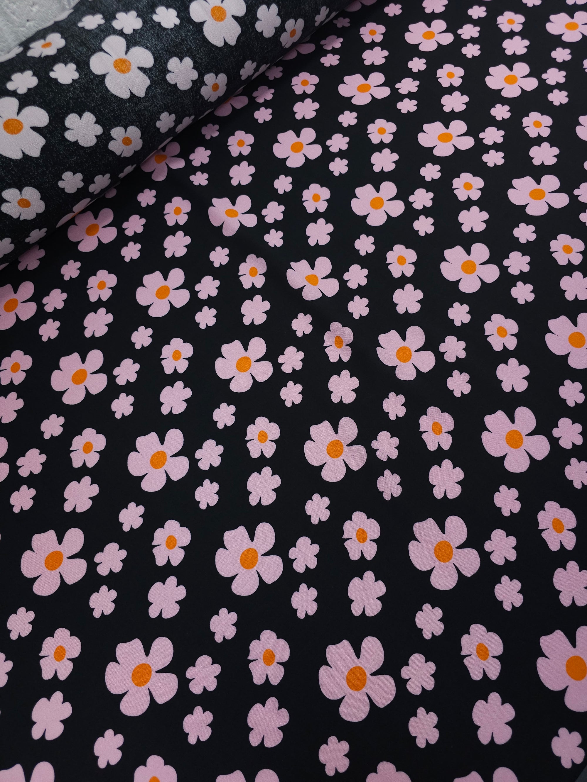 Pinky Lilac/Black Daisy Viscose Challis