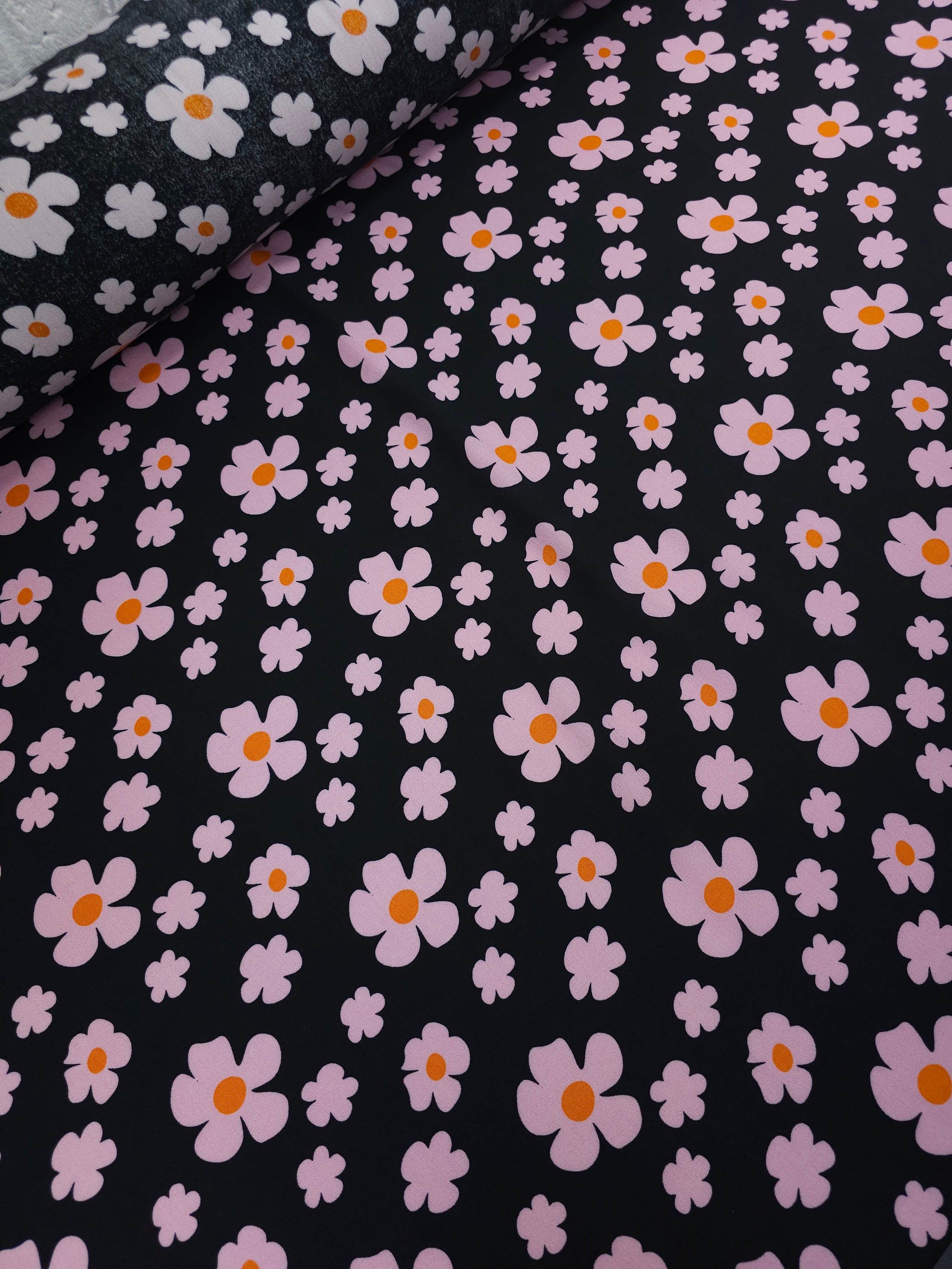 Pinky Lilac/Black Daisy Viscose Challis