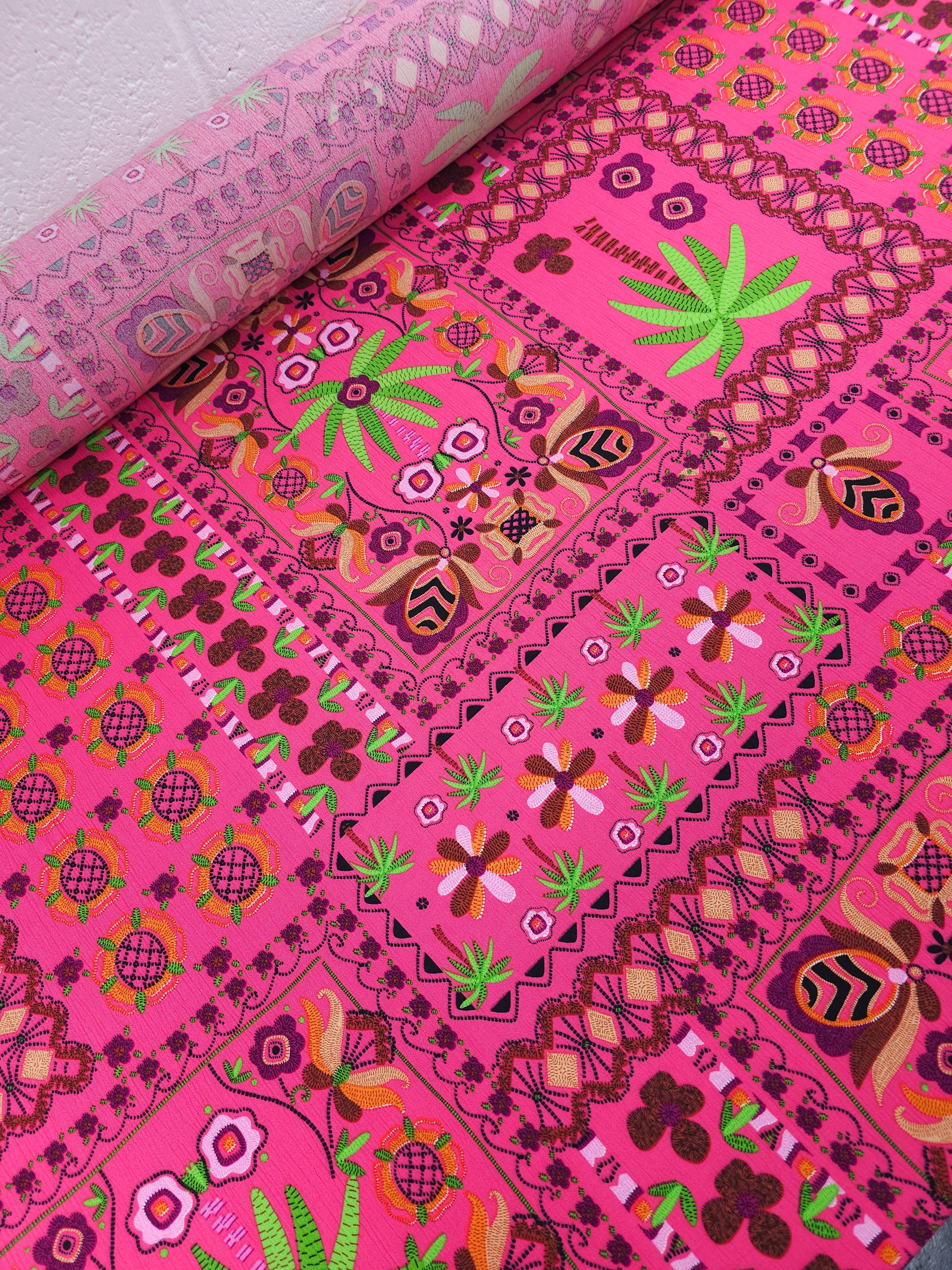 Fuchsia Pink Boho Retro Viscose Crepe