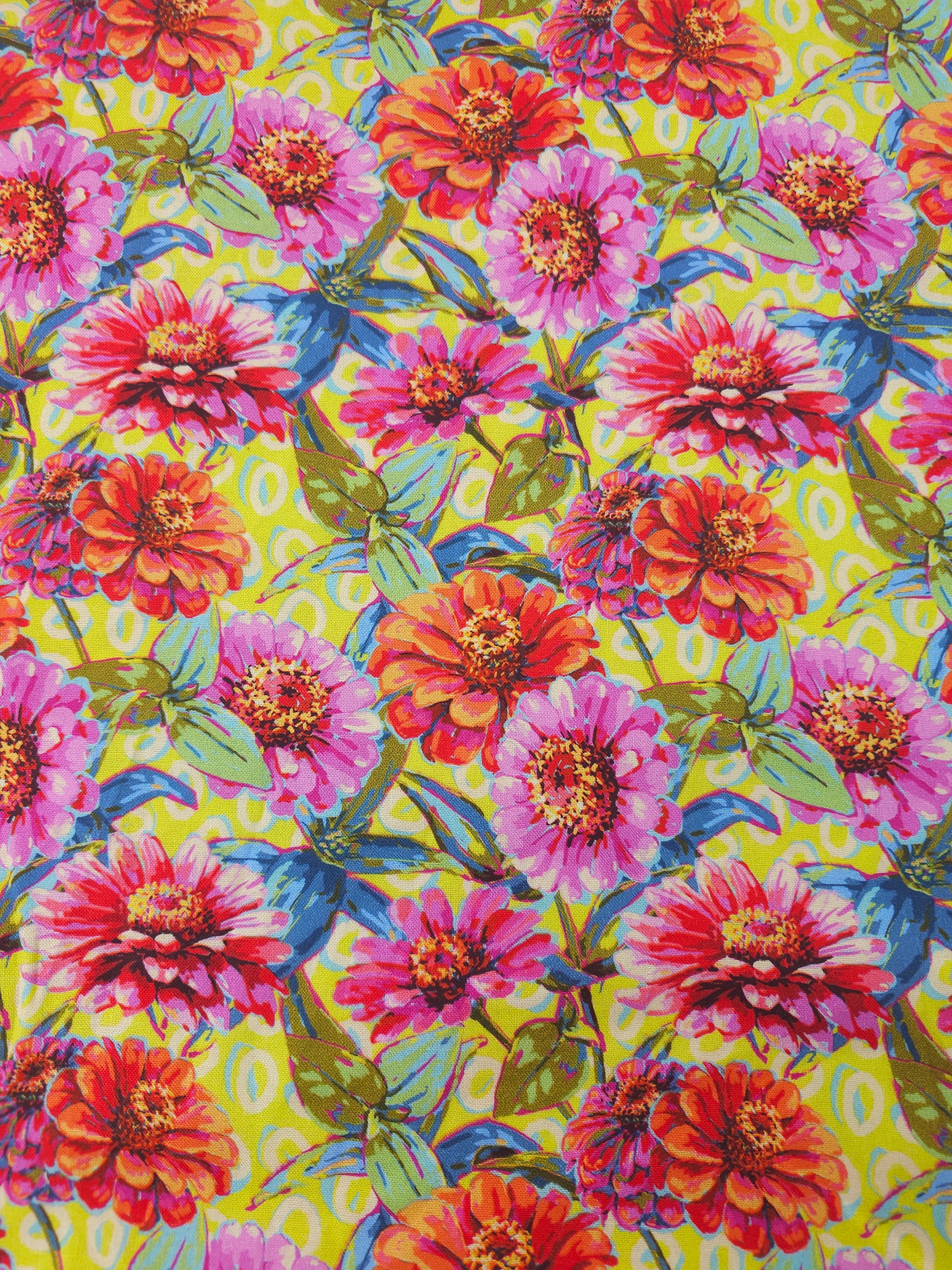 Yellow Vibrant Giant Zinnias Floral 100% Cotton - Odile Bailloeul