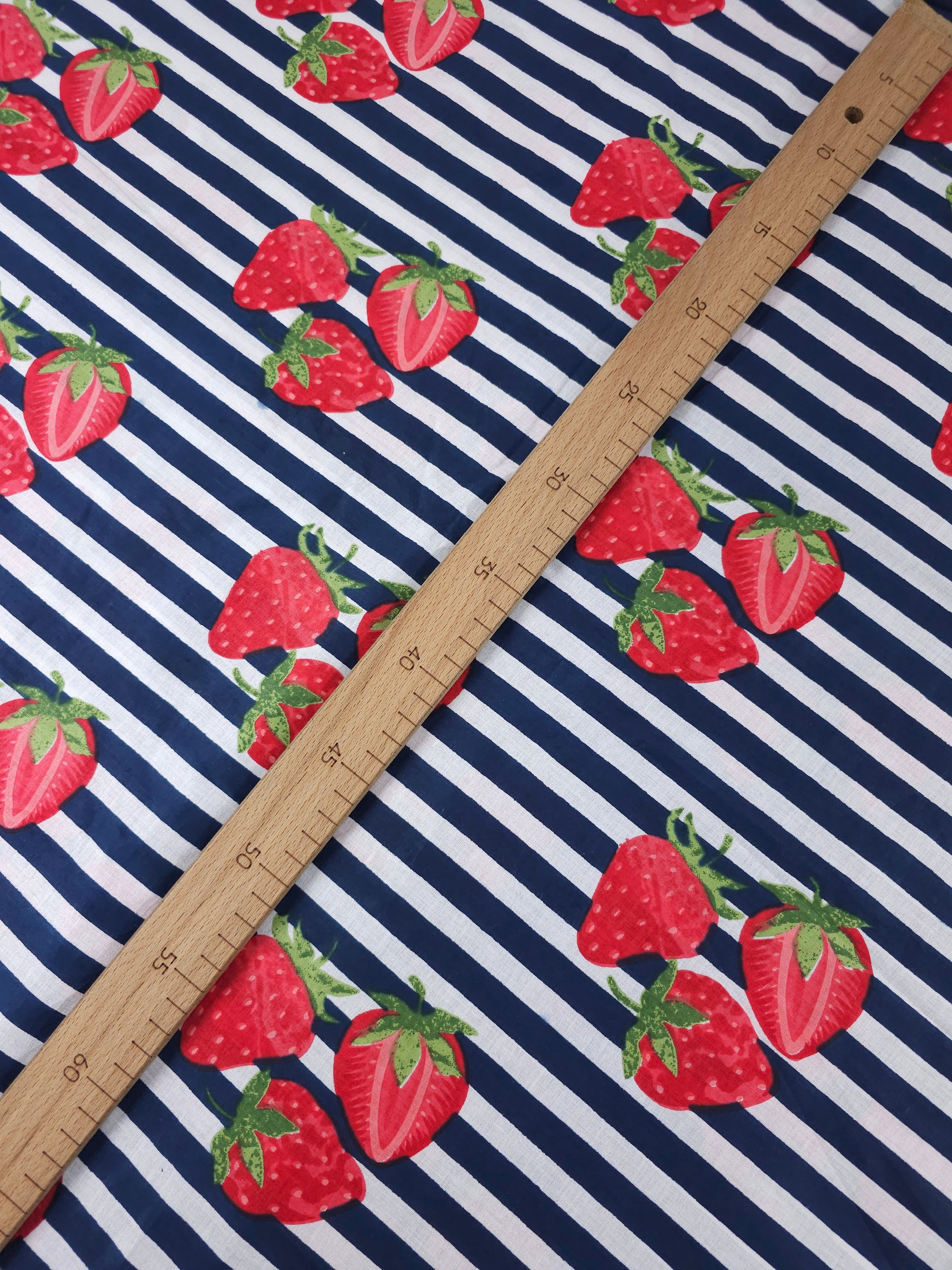 Navy Strawberry Stripe Lightweight Cambric Cotton