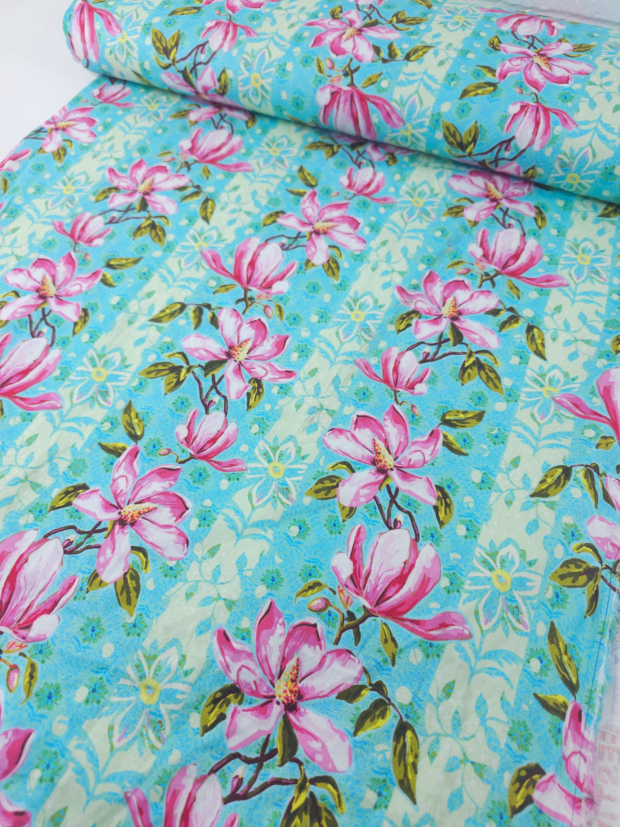 Turquoise Wild Magnolias Stripe 100% Cotton - Odile Bailloeul