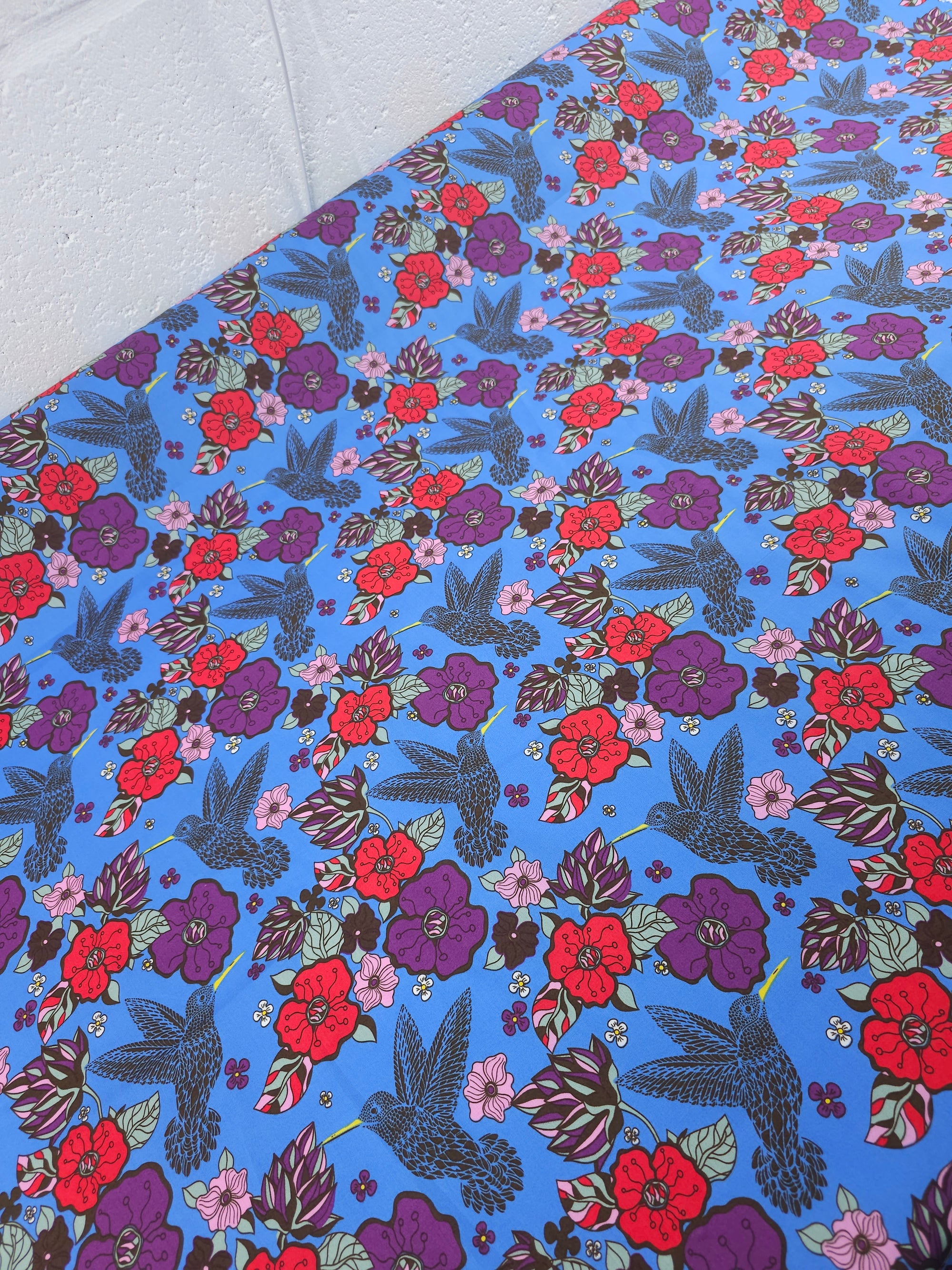 Blue Pop Bird Floral Cotton Poplin