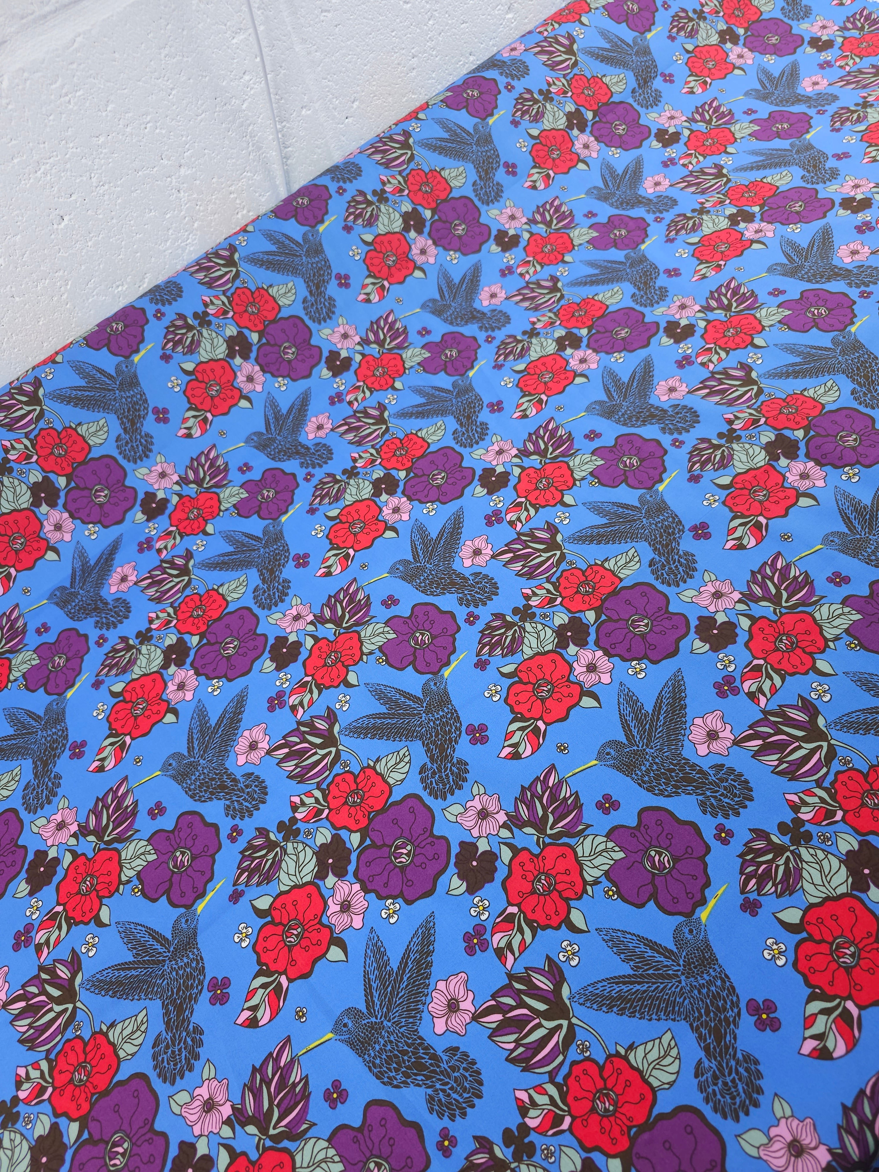 Blue Pop Bird Floral Cotton Poplin