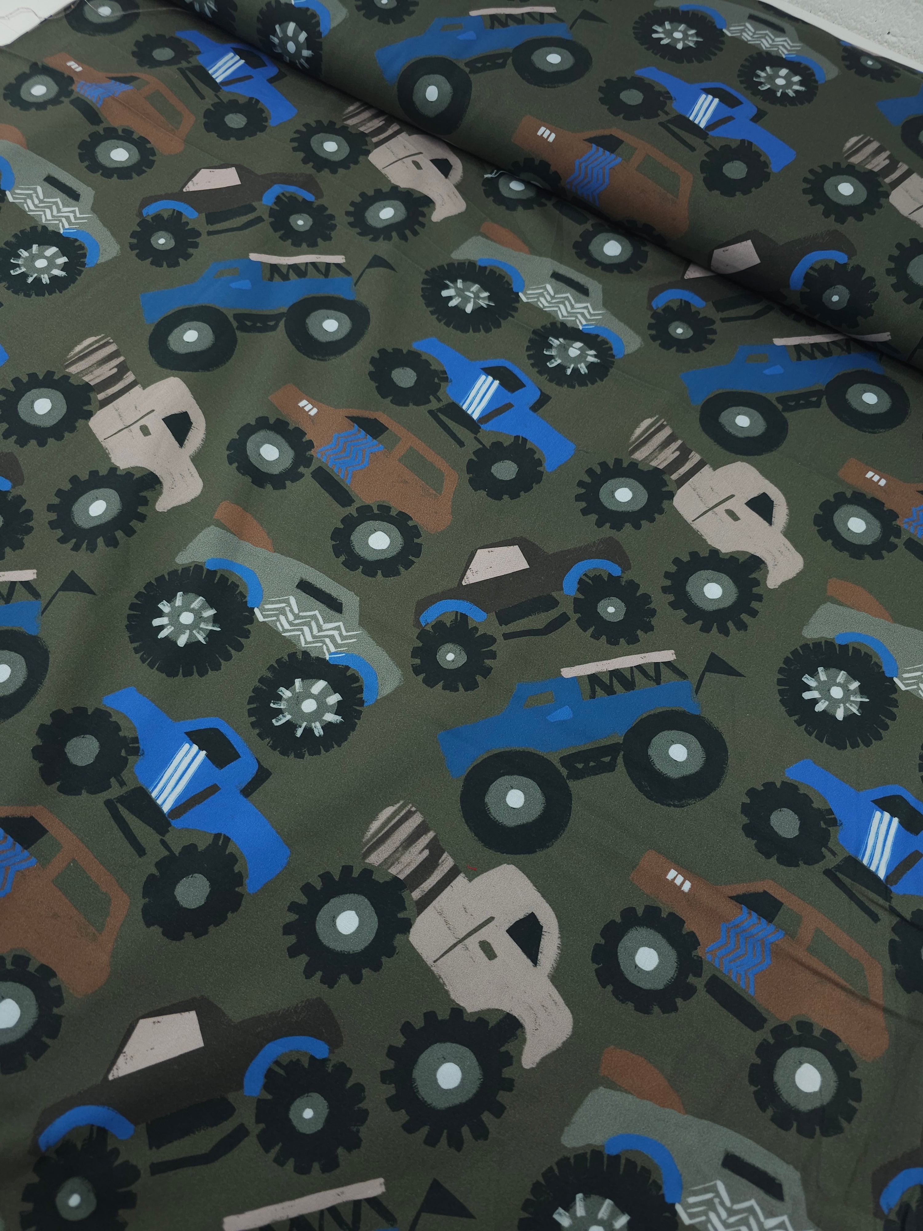 Khaki Monster Trucks 100% Cotton 57"