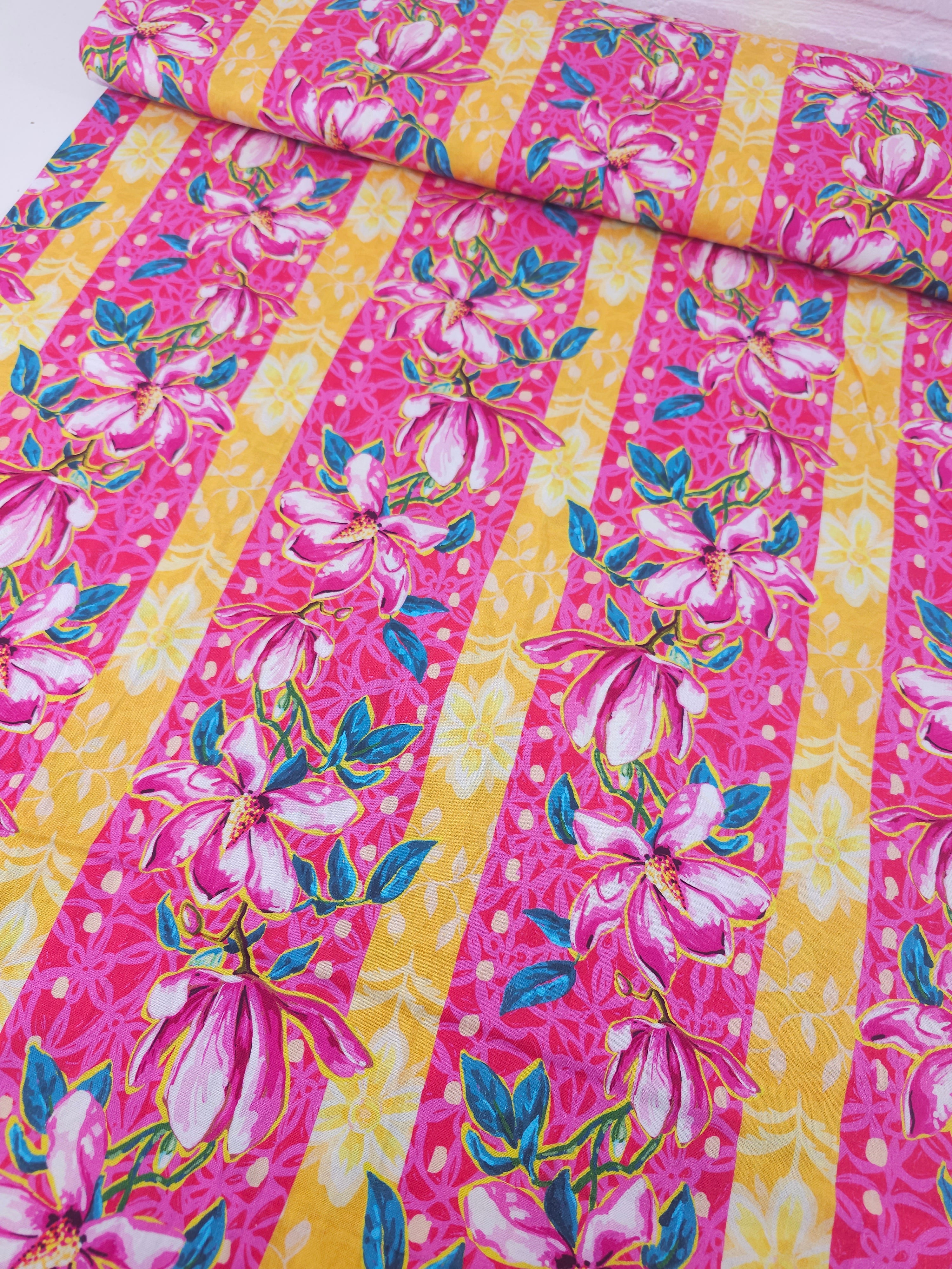 Pink Wild Magnolias Stripe 100% Cotton - Odile Bailloeul