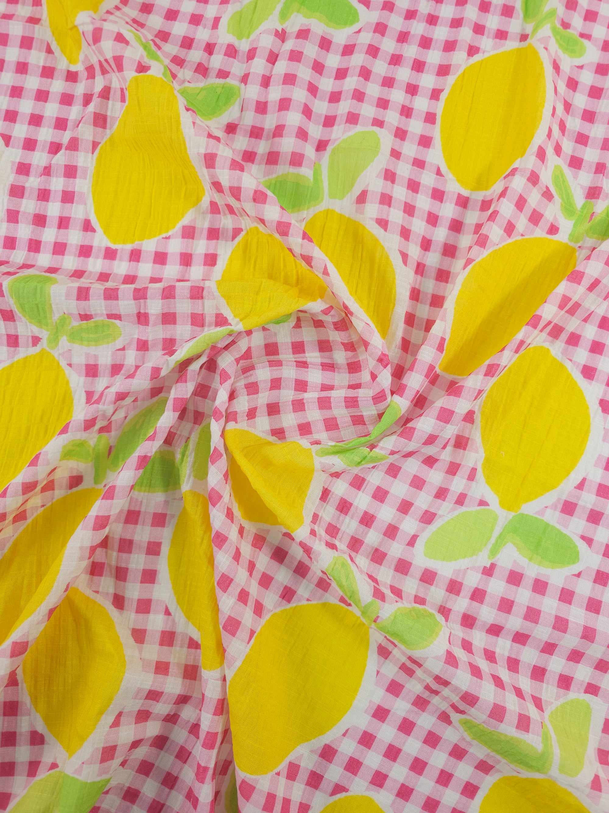 Pink Big Lemon Gingham Cotton Flax