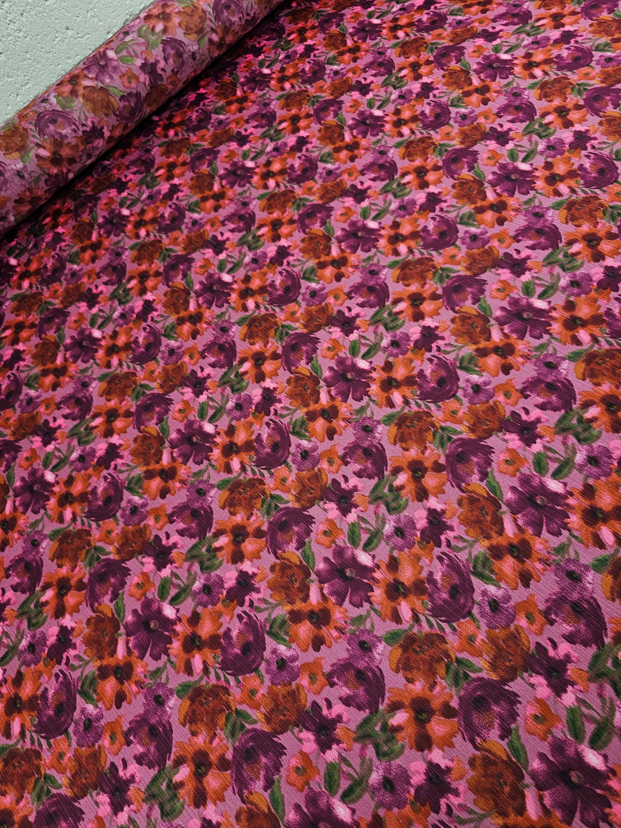 Pinky Purple/Rustic Orange Floral Crinkle Satin