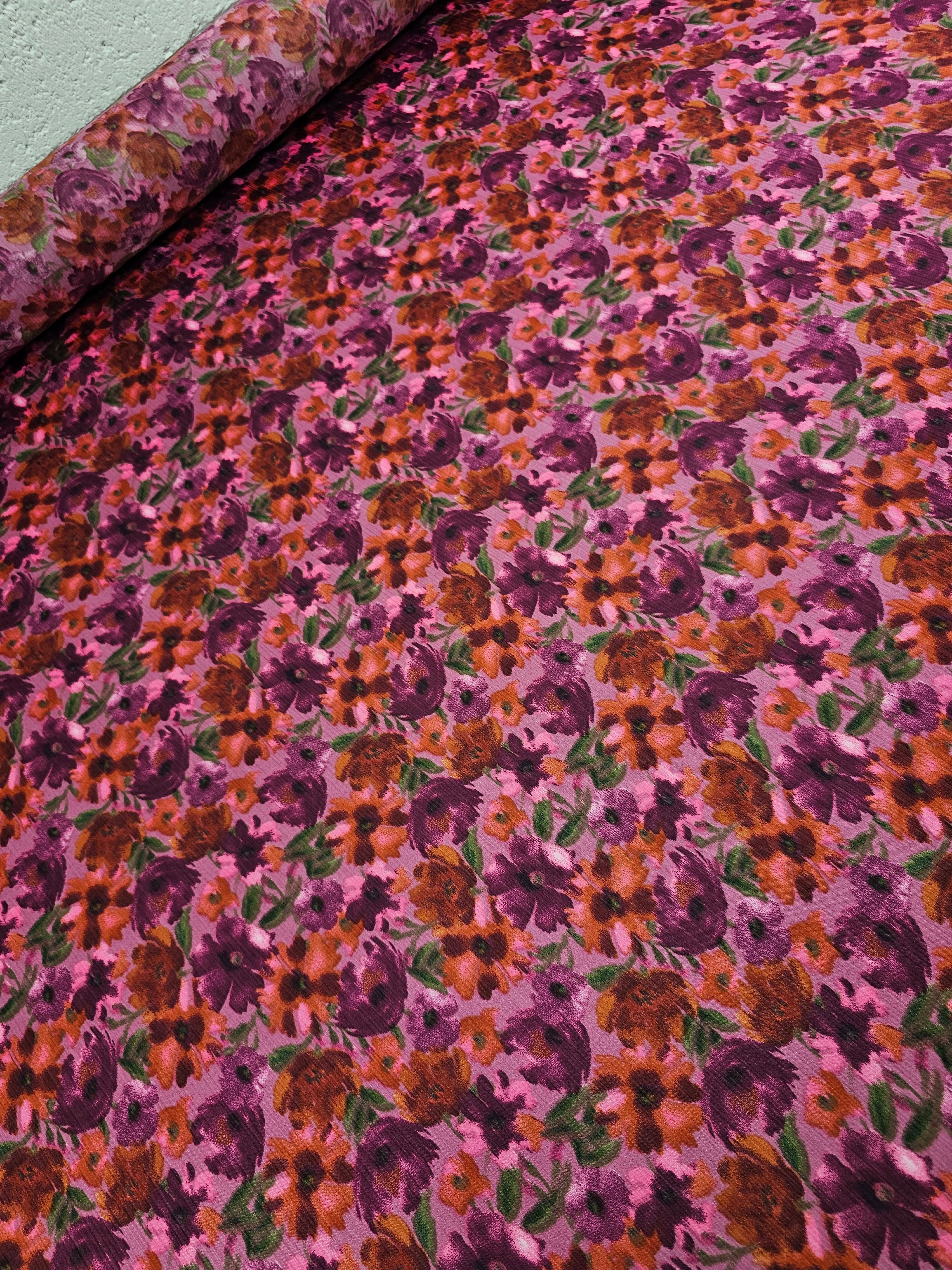 Pinky Purple/Rustic Orange Floral Crinkle Satin