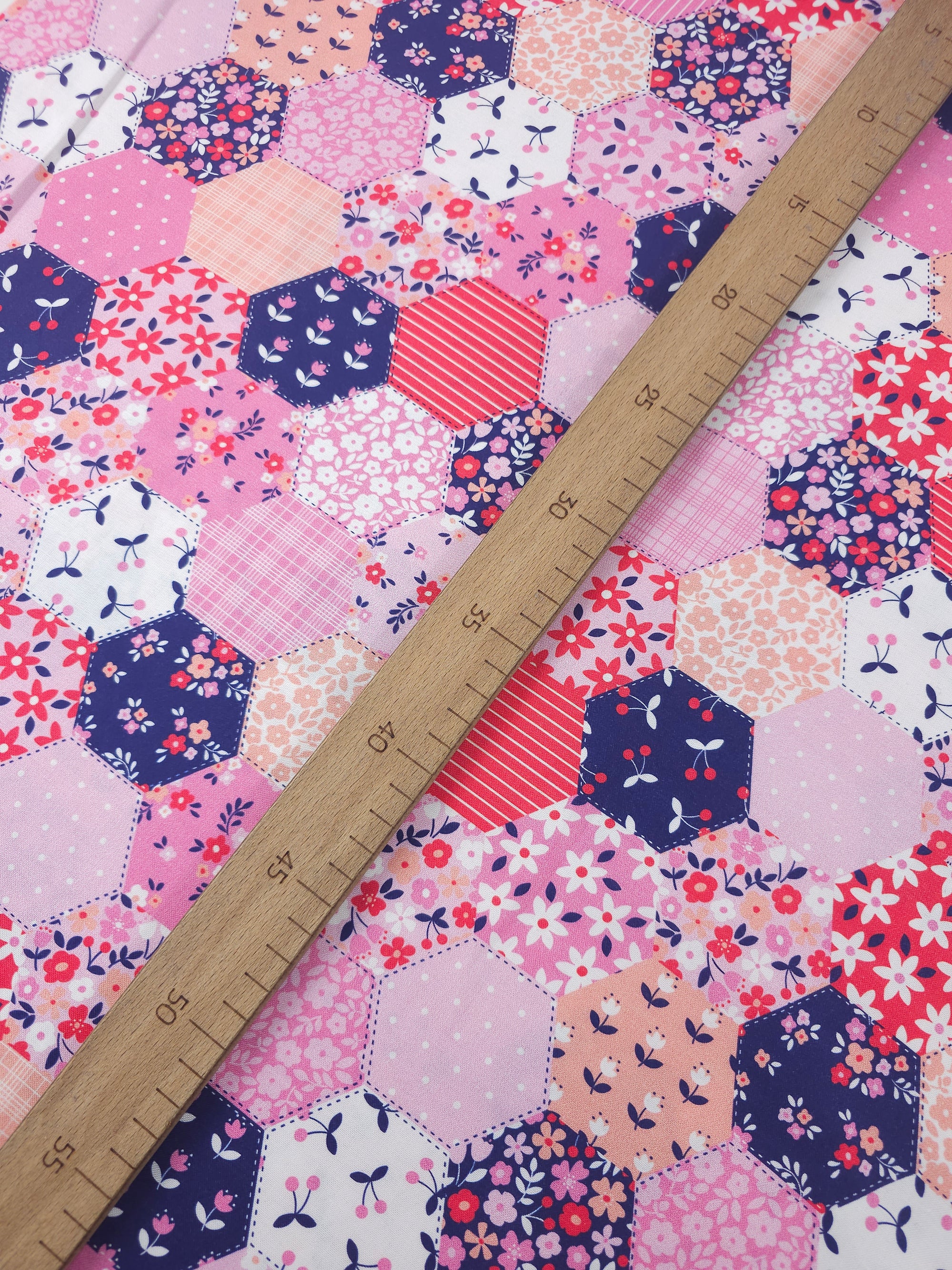Cherry Floral Patchwork Hexagons 100% Cotton