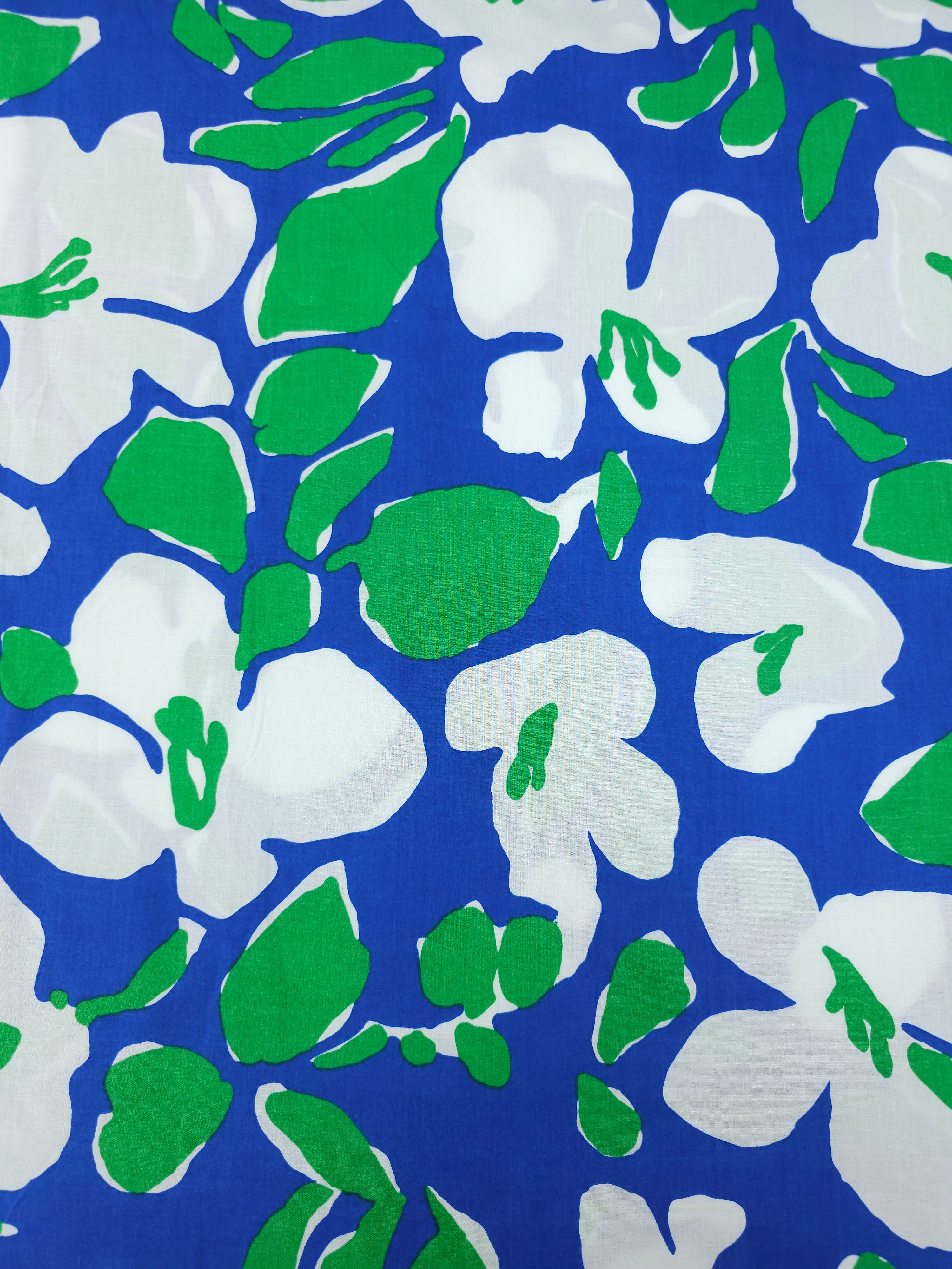 Blue/Green Watercolour Flower Leaf Lightweight Cotton Poplin