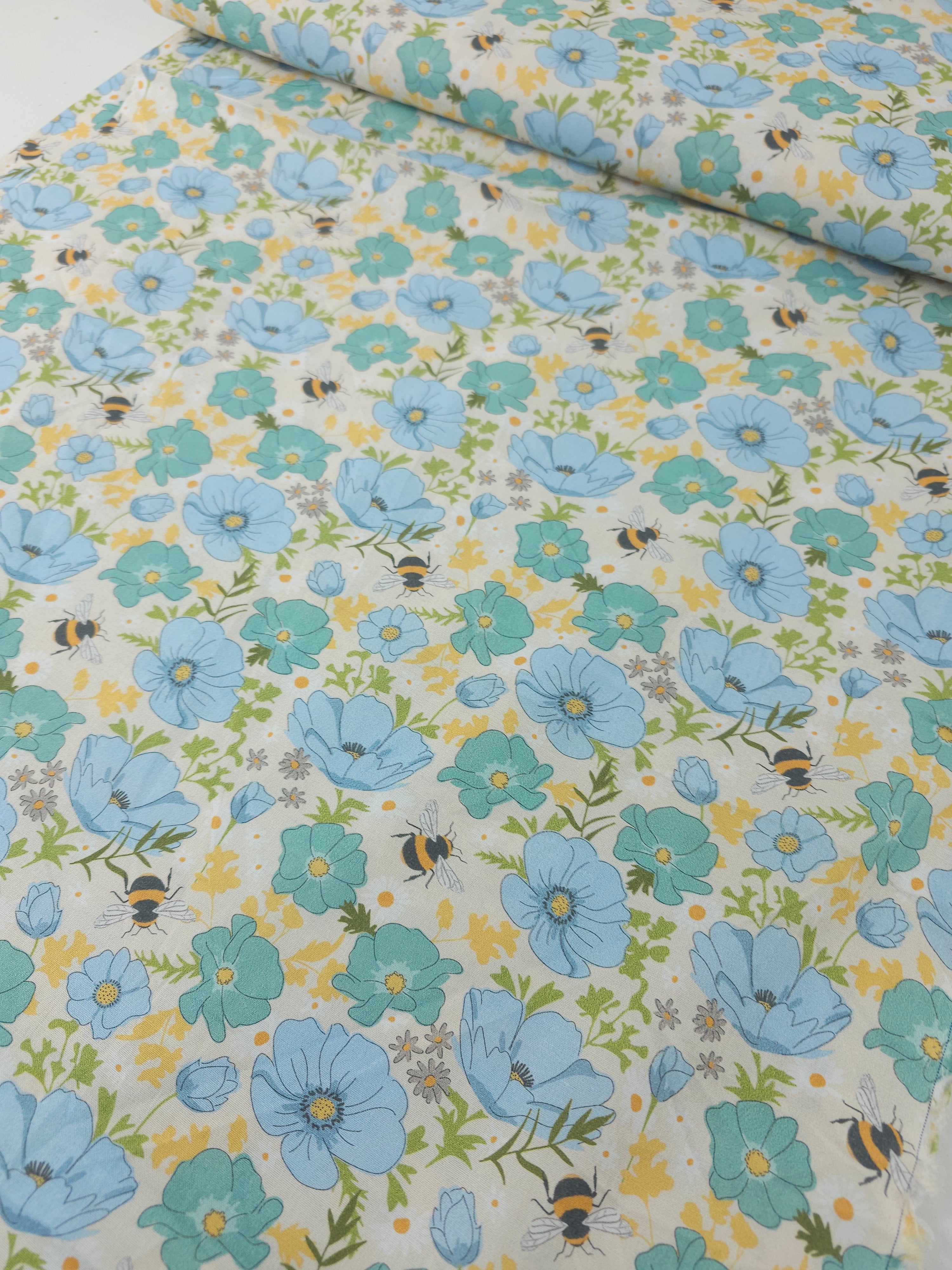 Blue Floral Meadow Bee 100% Cotton