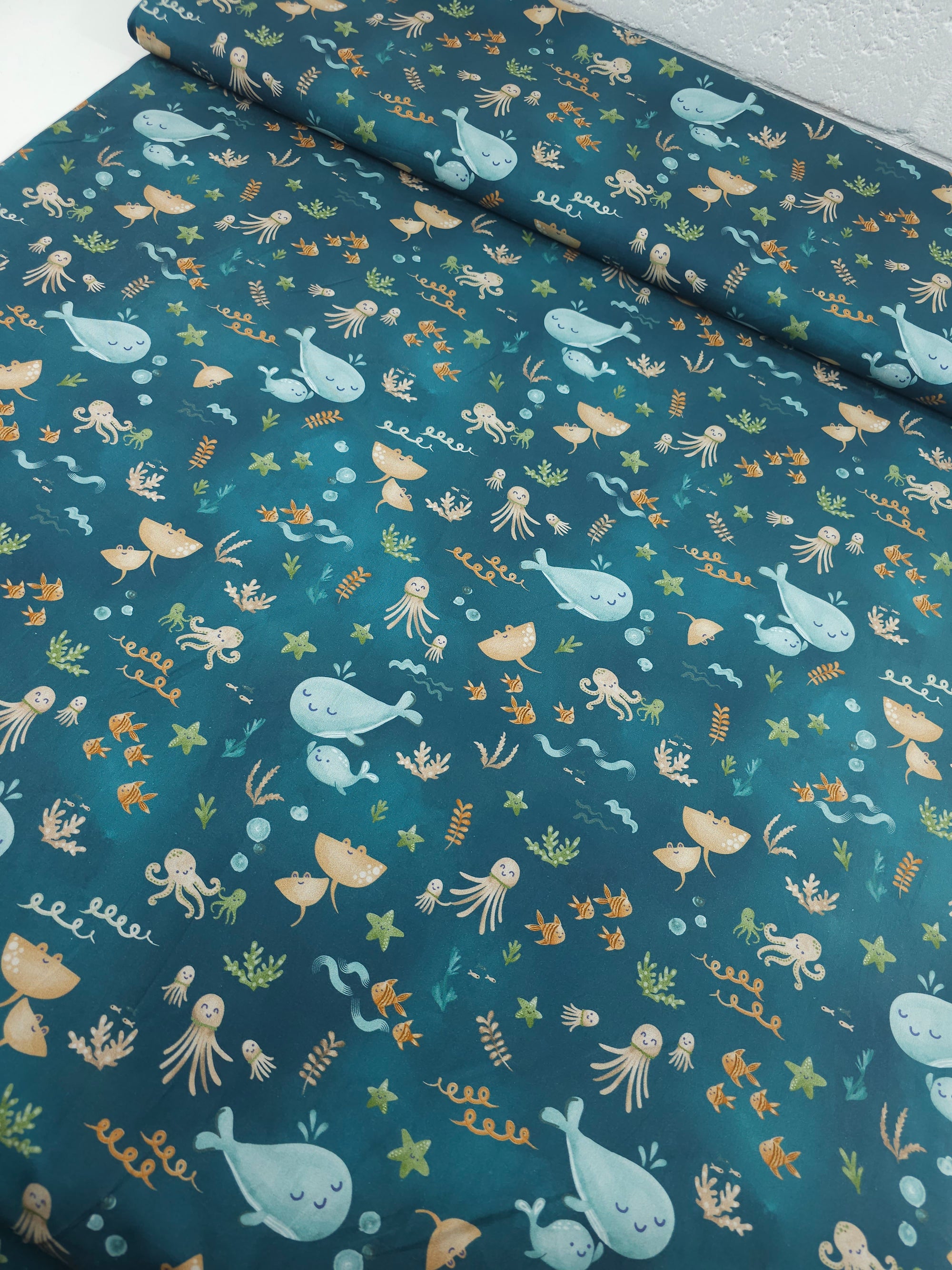 Teal Happy Sea Animals 100% Cotton 57"