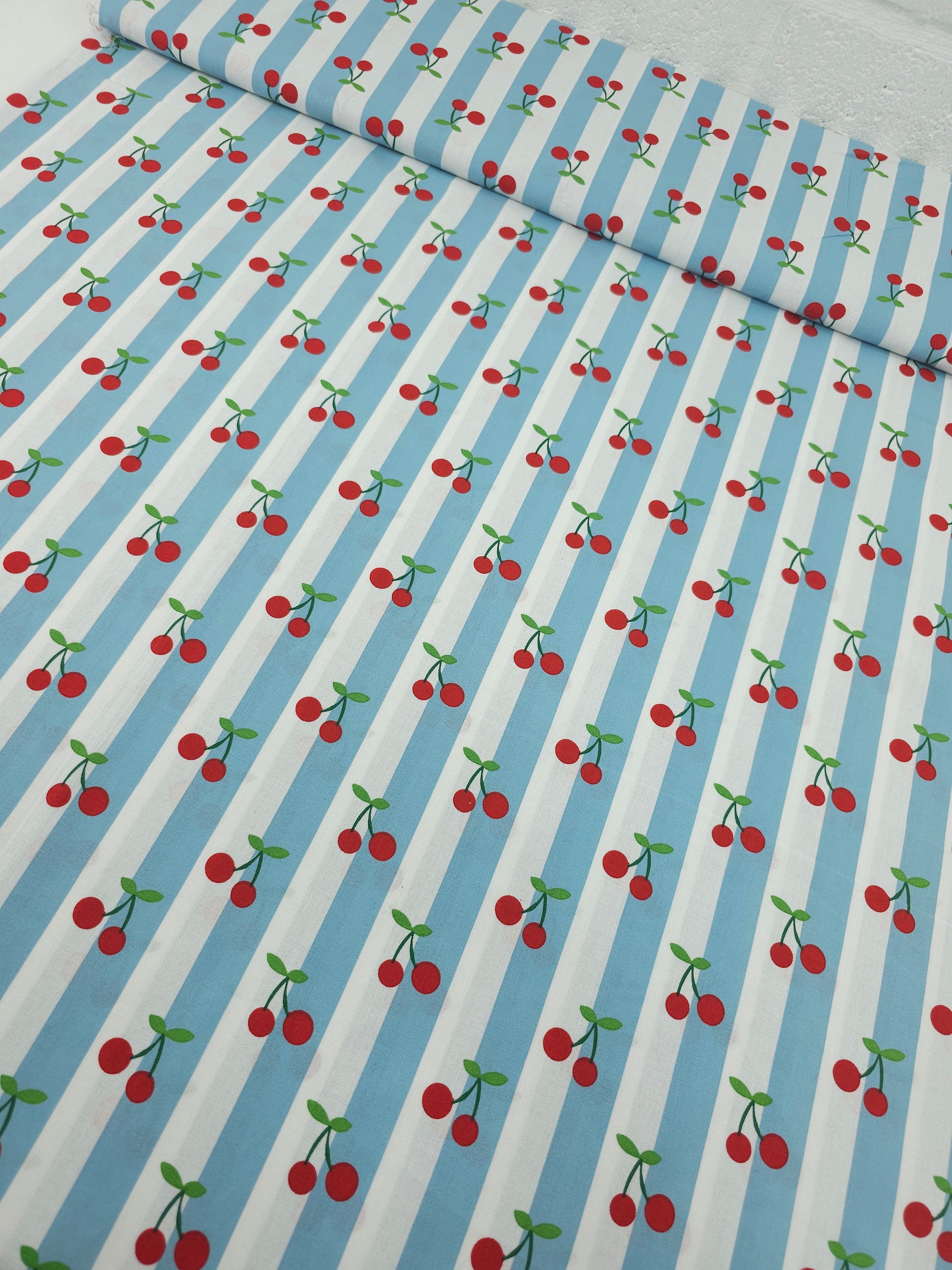 Duck Egg Blue Cherry Stripe Lightweight Cotton 57"