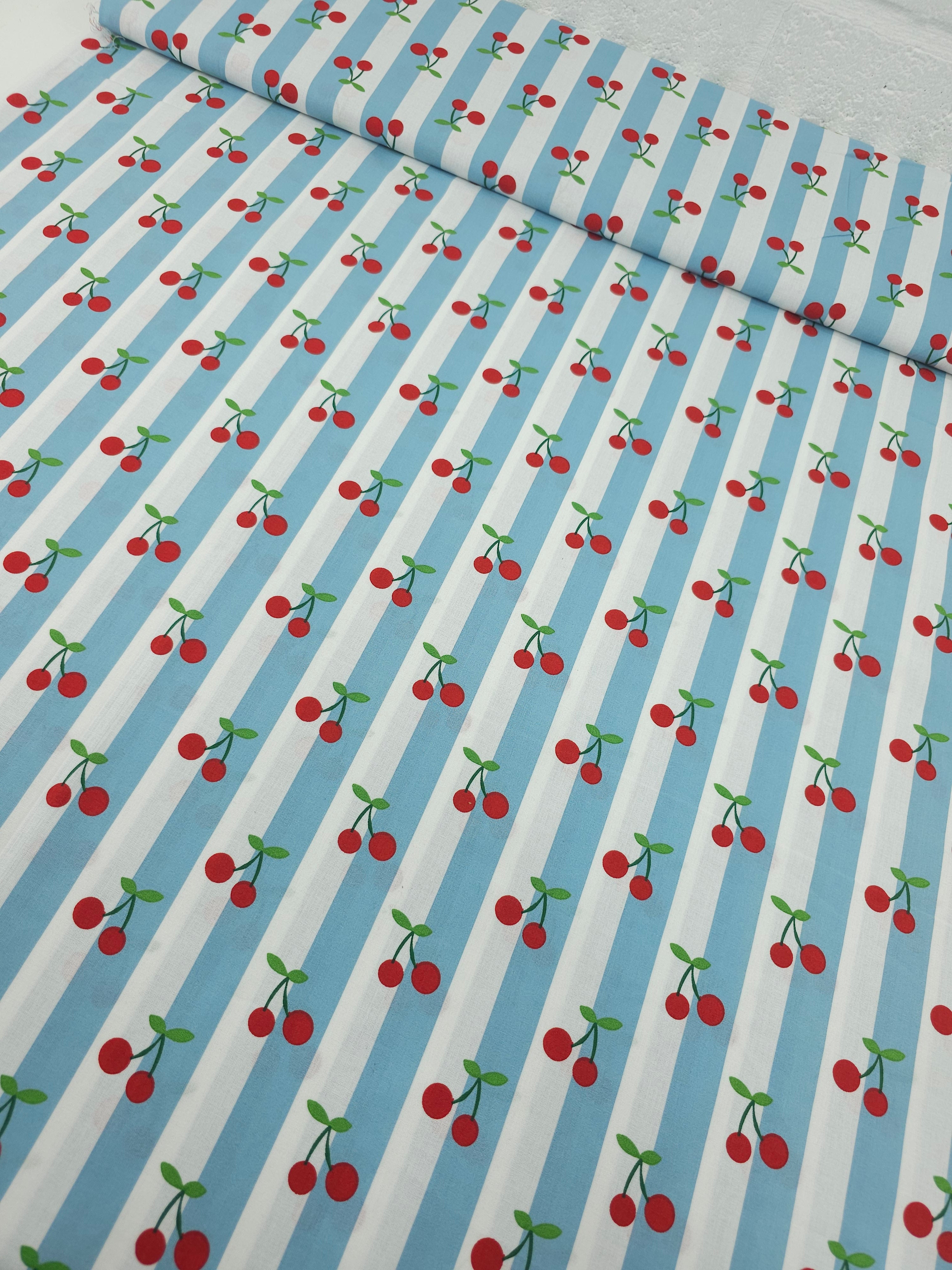 Duck Egg Blue Cherry Stripe Lightweight Cotton 57"
