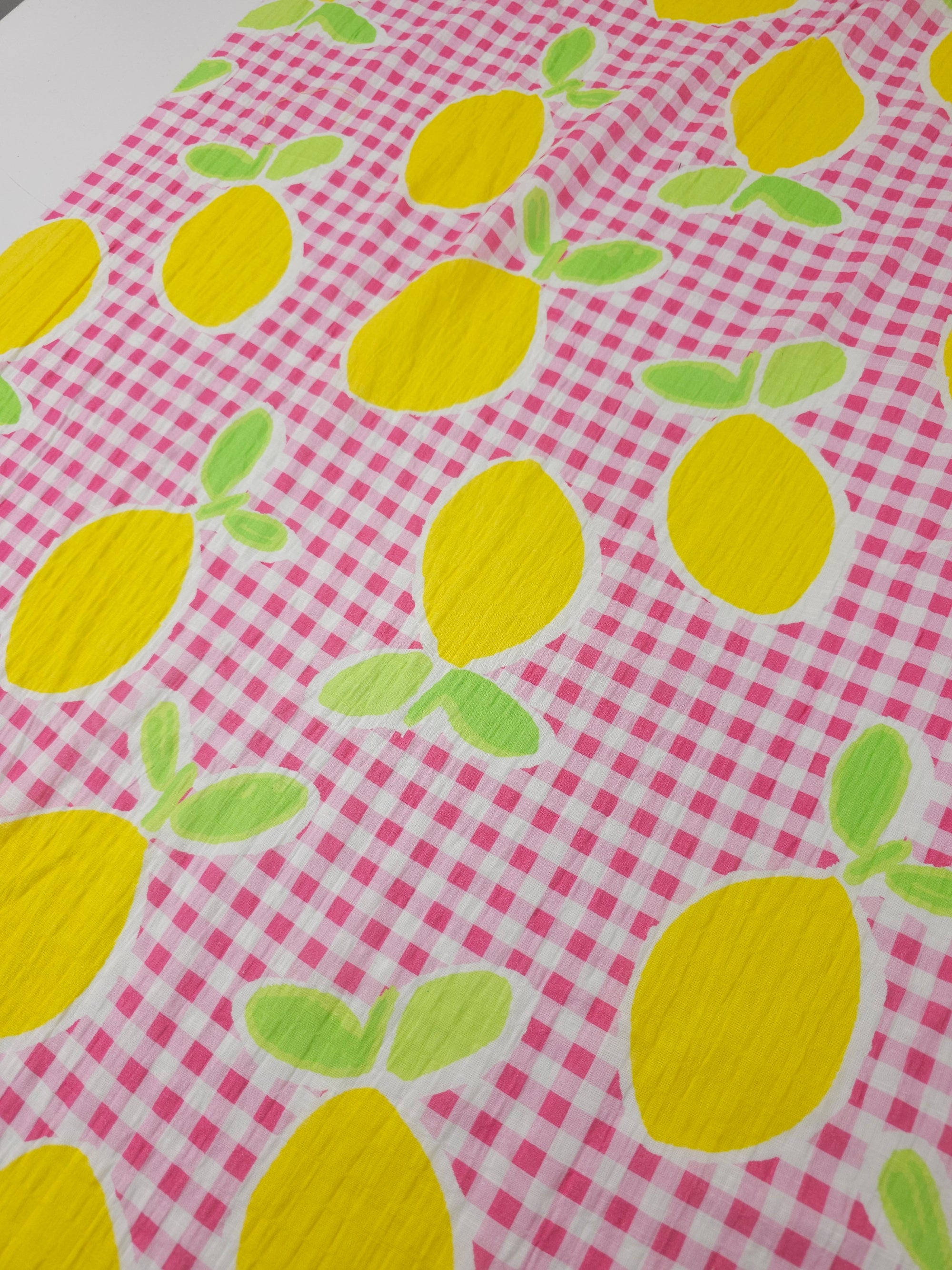 Pink Big Lemon Gingham Cotton Flax
