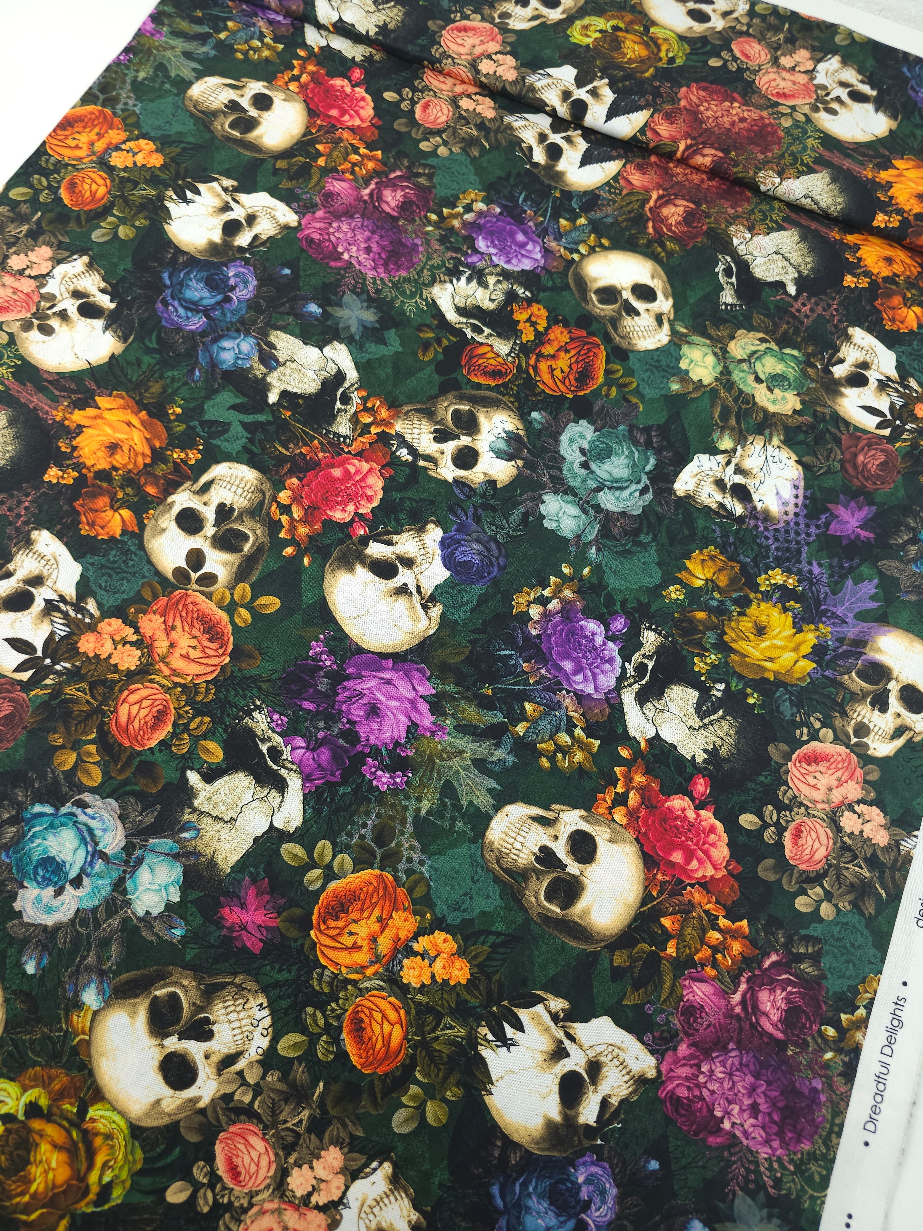 Green Vintage Floral Skull 100% Cotton - Robert Kaufman
