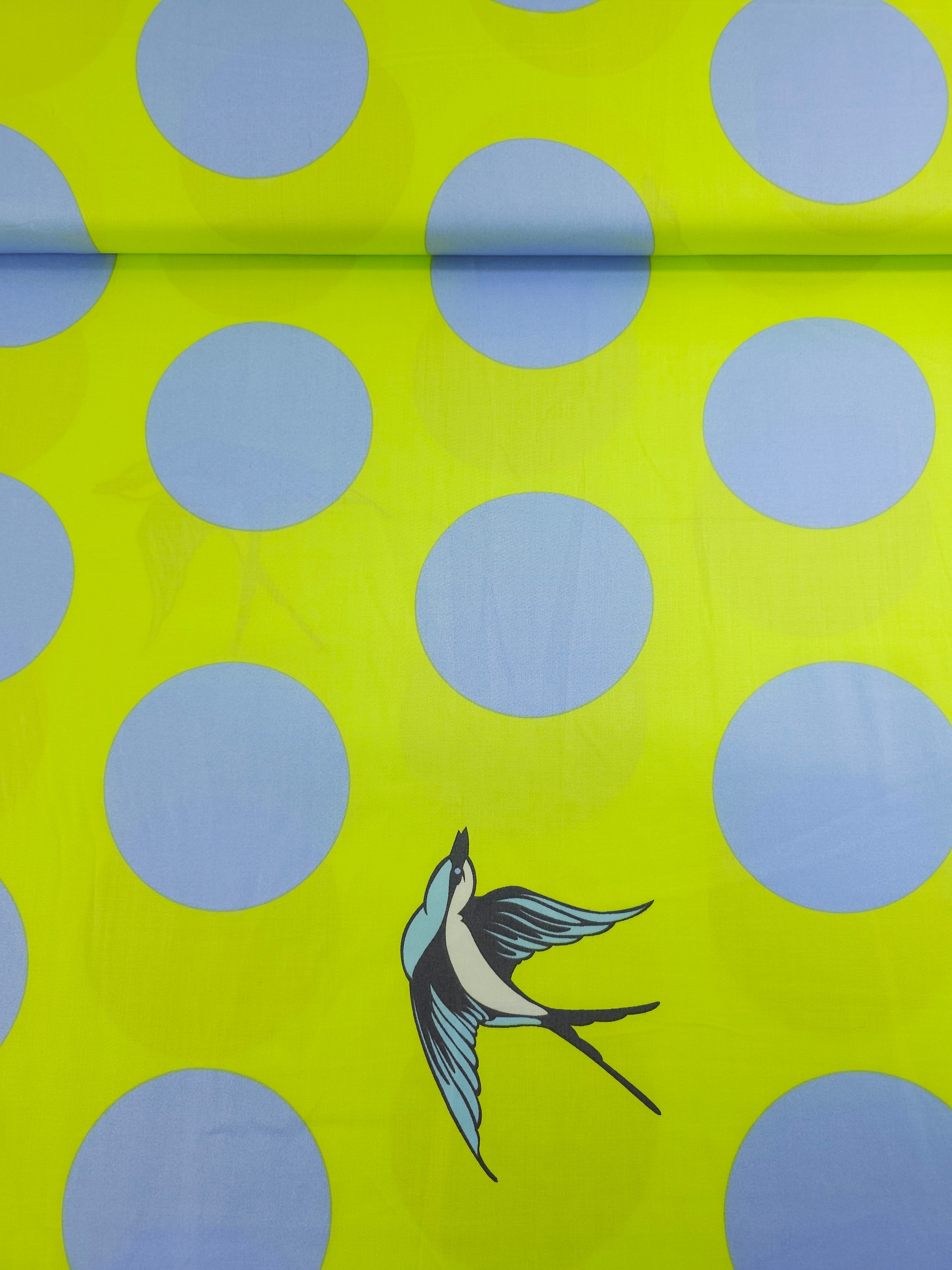 Lime/Baby Blue Free Fall Bird Polka Cotton Sateen 103" - Tula Pink *EXTRA WIDE*