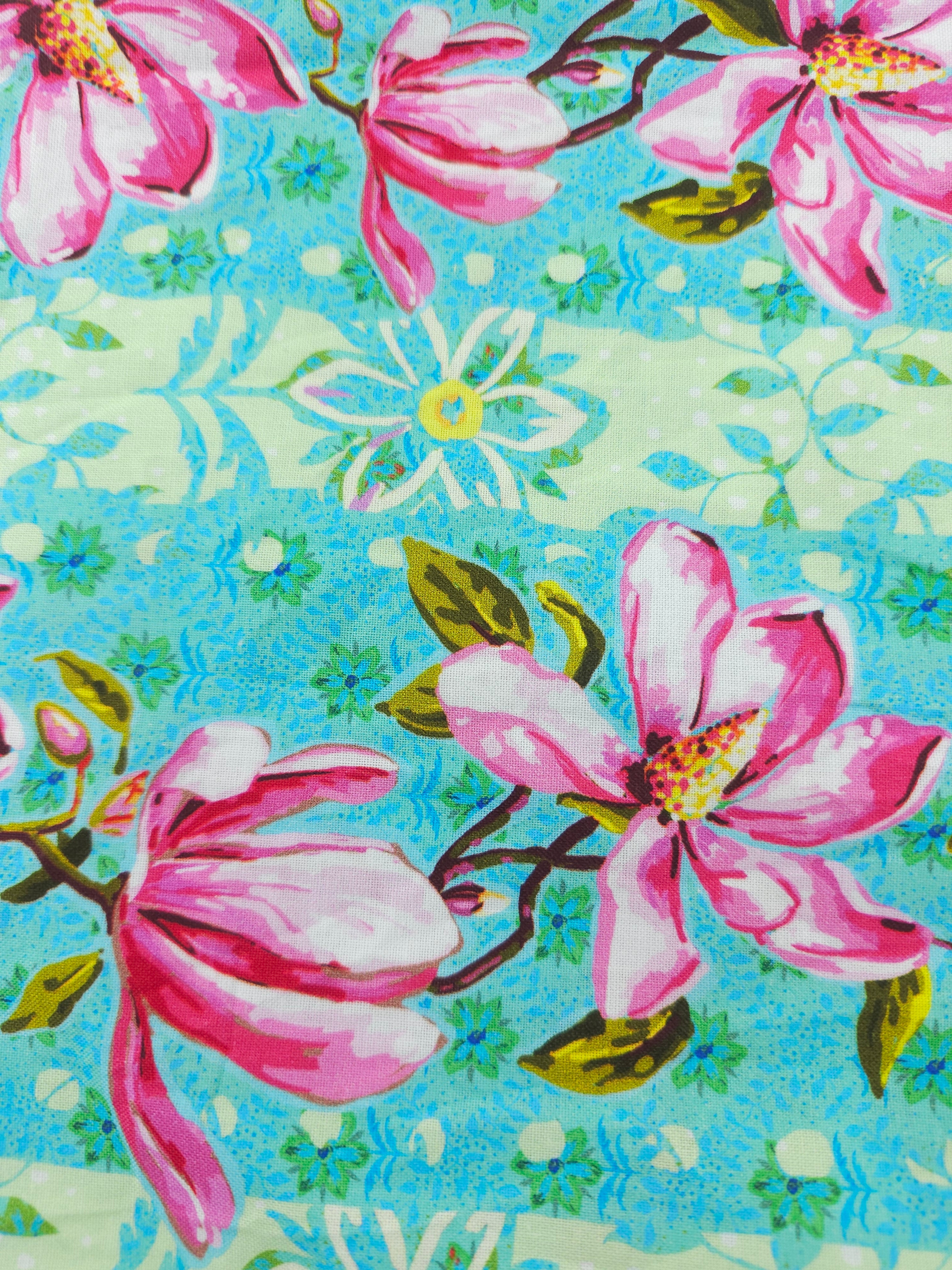 Blue striped pink flower Cotton- 1m piece