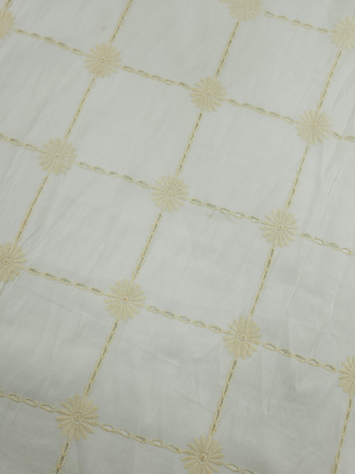 Ivory/Cream Flower Grid Viscose Linen Broderie Anglaise