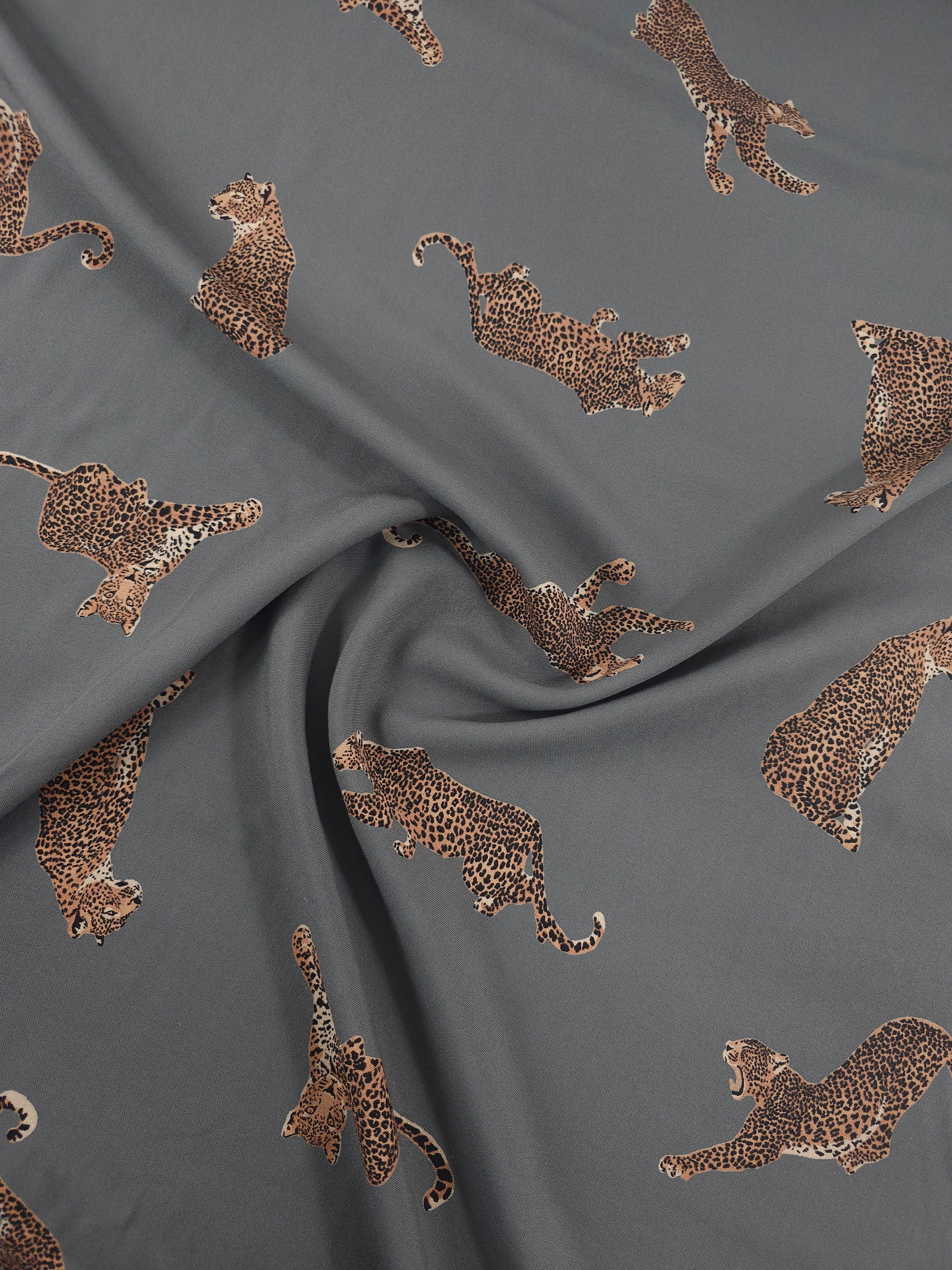 Grey Roaming Leopards Viscose Challis