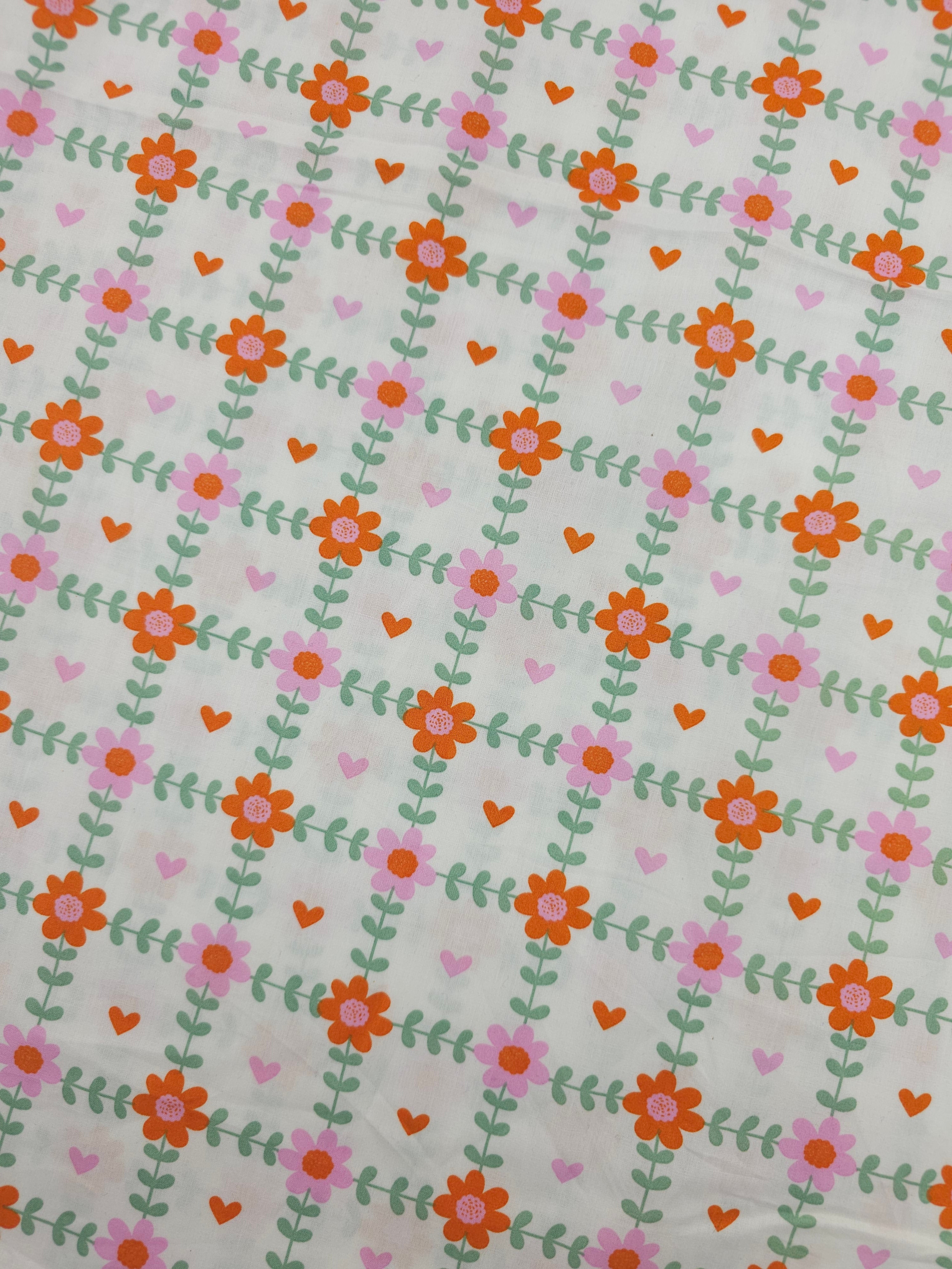 White Floral Grid Hearts Lightweight Cotton 60"