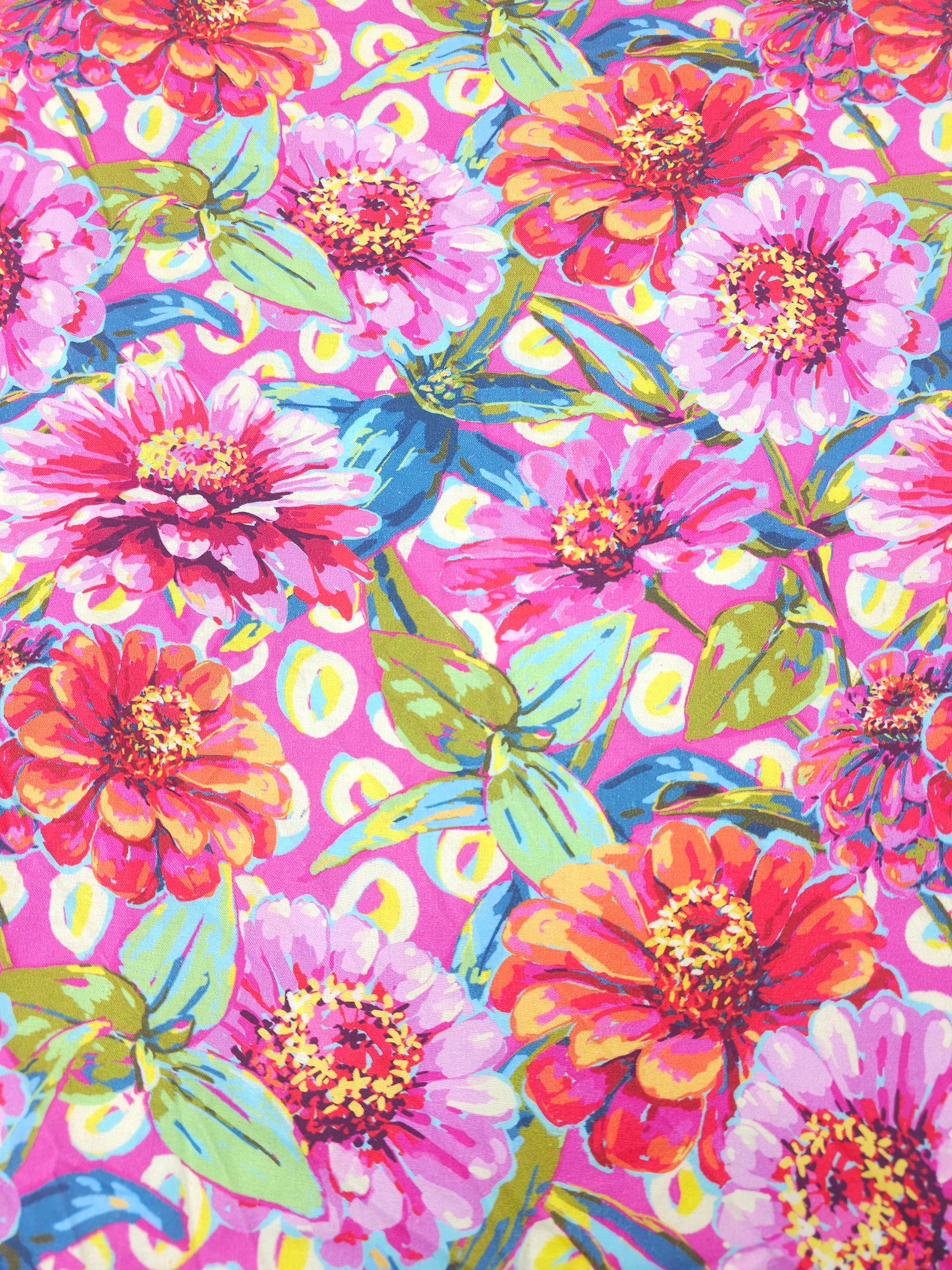 Pink Vibrant Giant Zinnias Floral 100% Cotton - Odile Bailloeul
