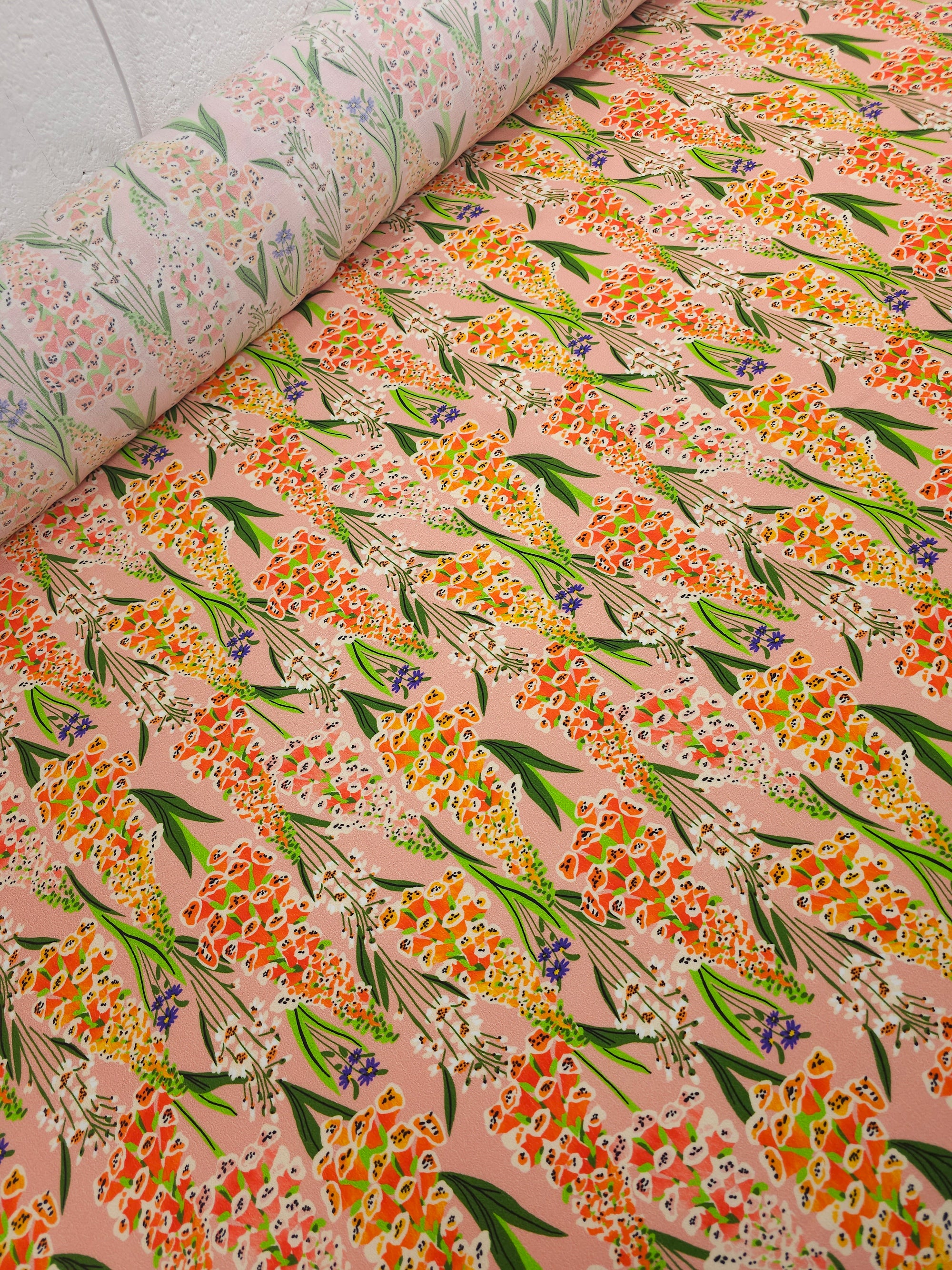 Peach/Orange Foxglove Floral Viscose Crepe
