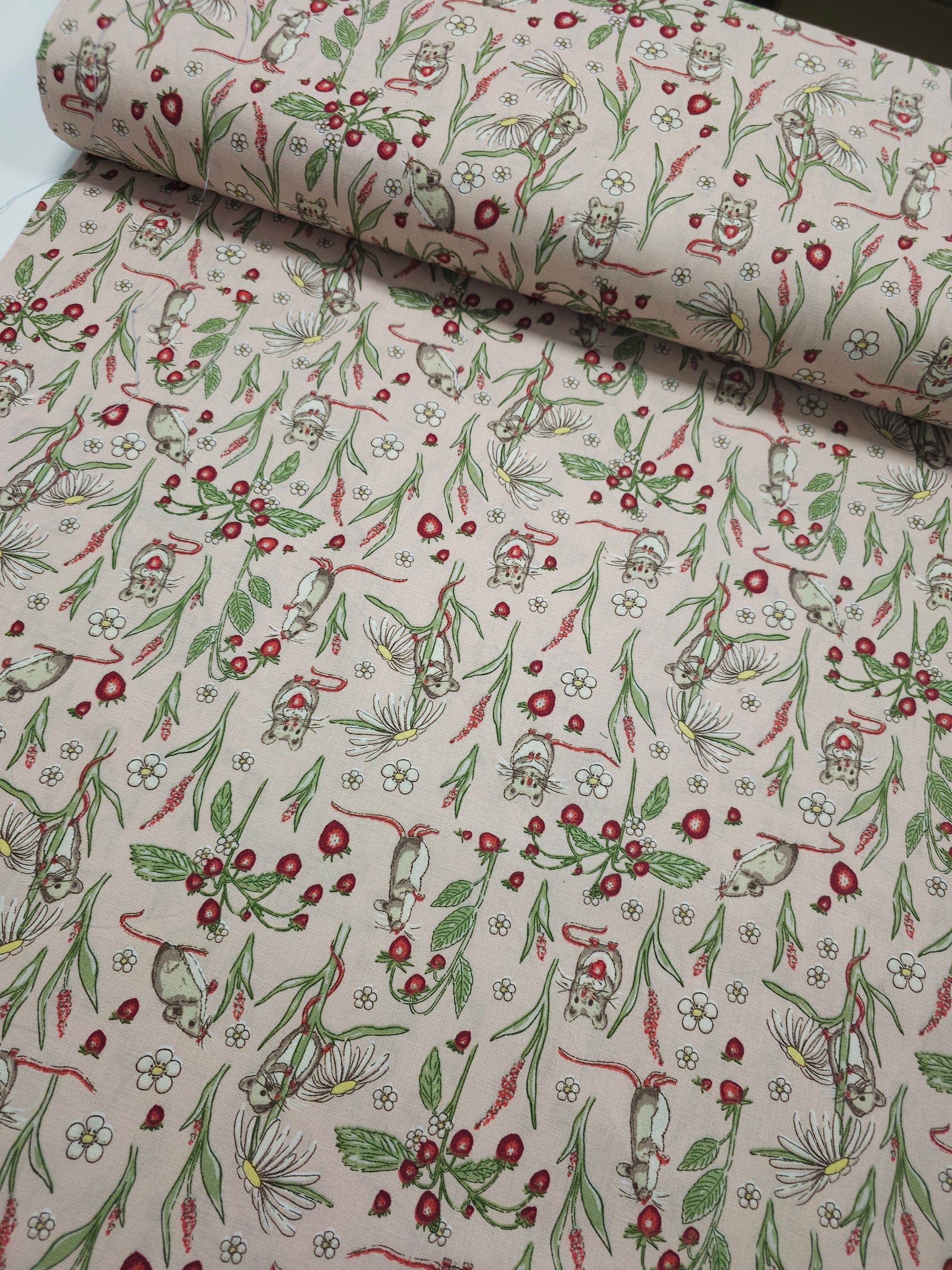 Peachy Pink Strawberry Mice 100% Cotton