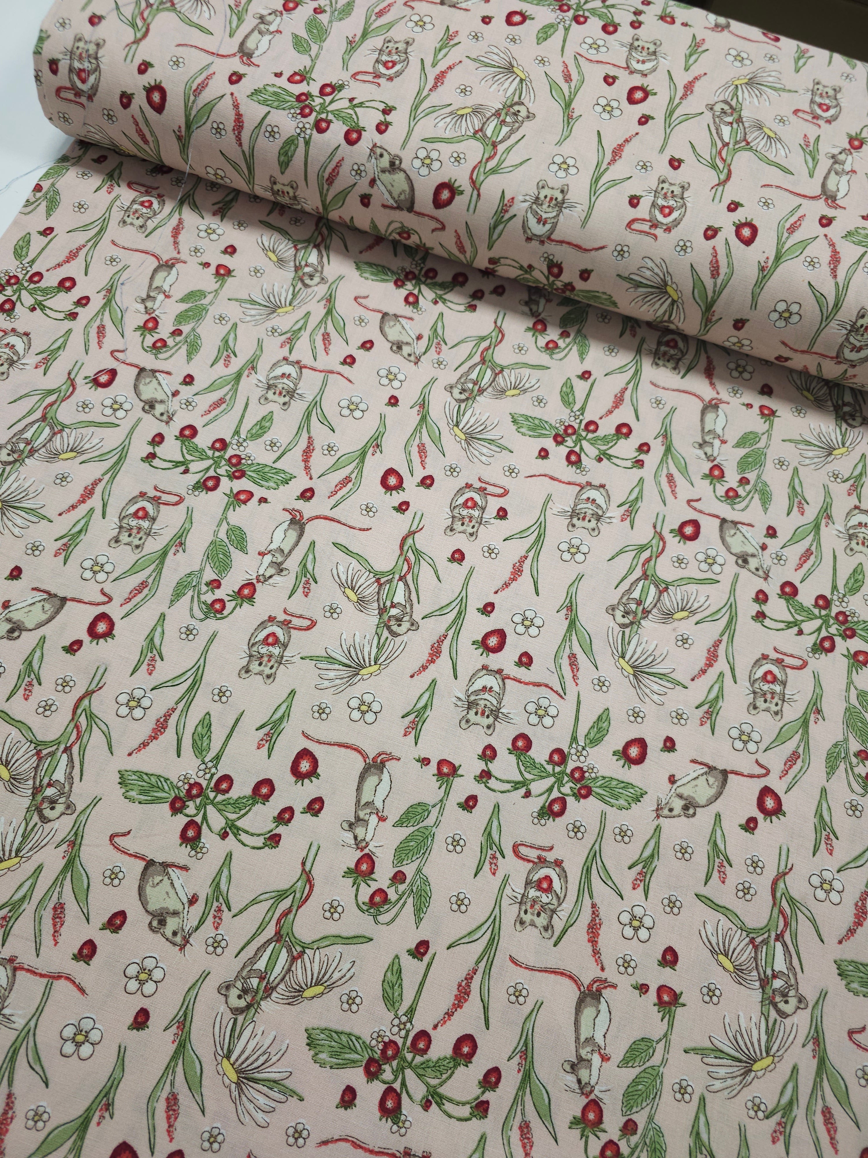 Peachy Pink Strawberry Mice 100% Cotton