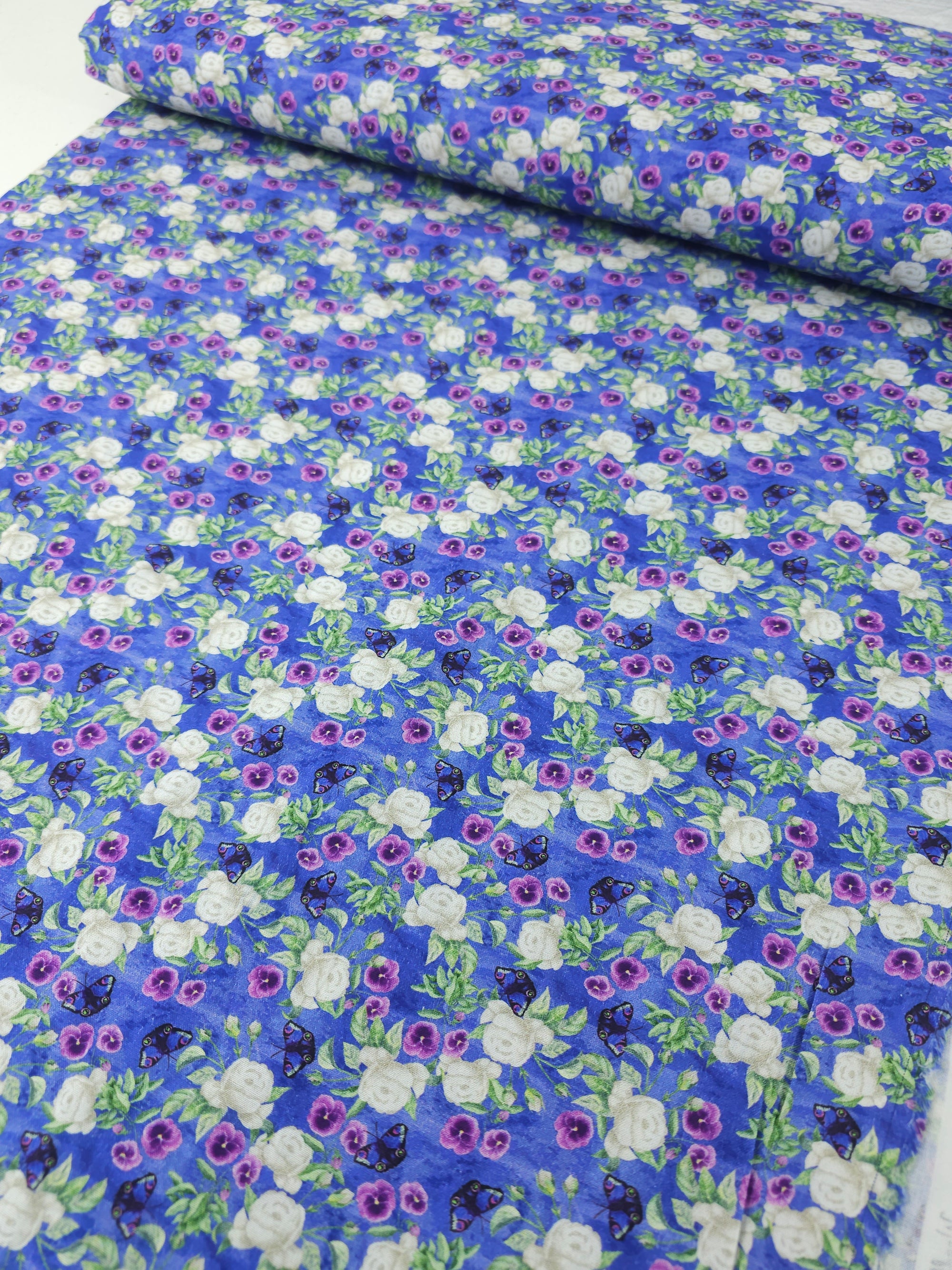 Violet Butterfly Rose Floral 100% Cotton - Sarah Payne