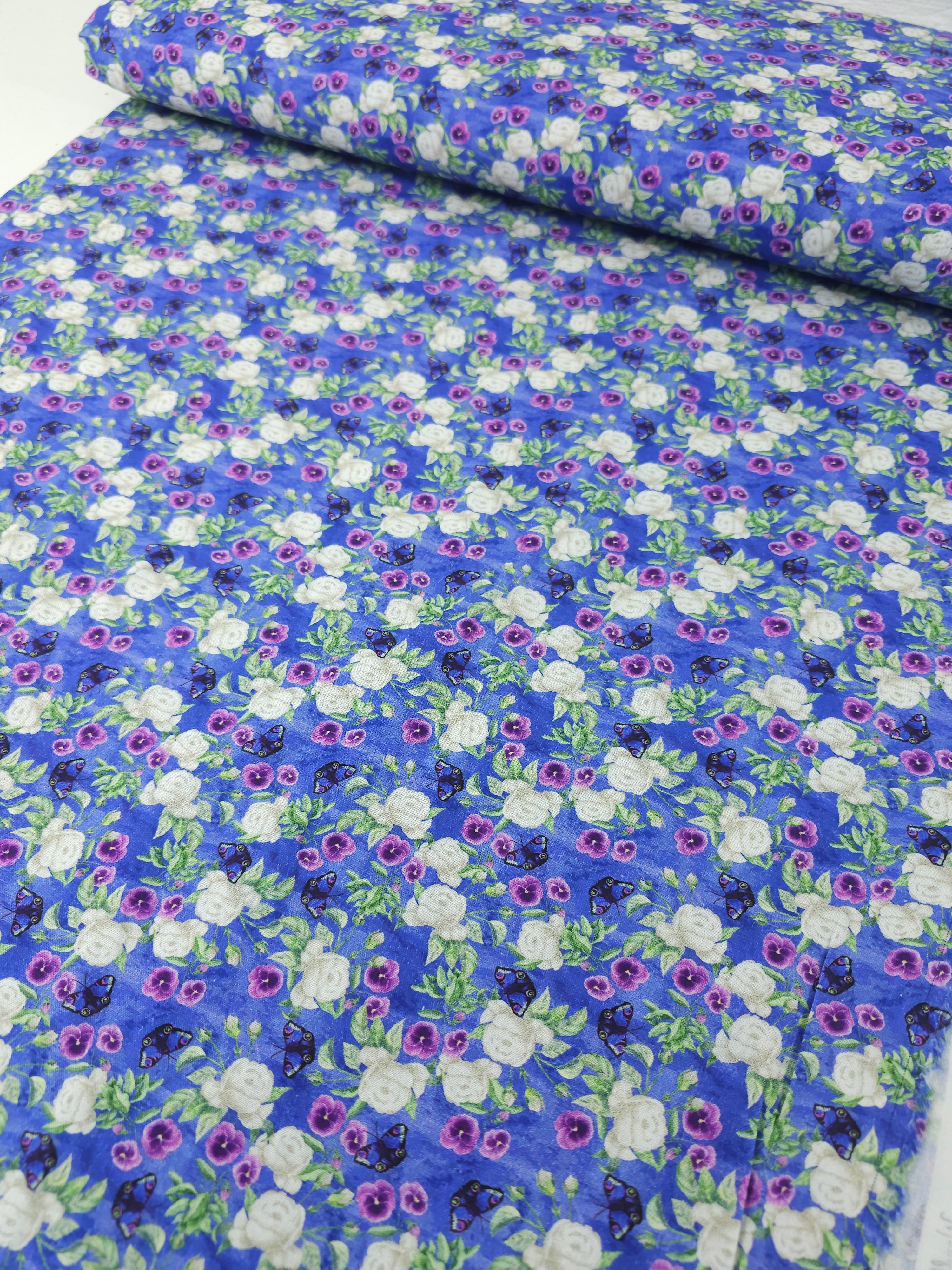 Violet Butterfly Rose Floral 100% Cotton - Sarah Payne
