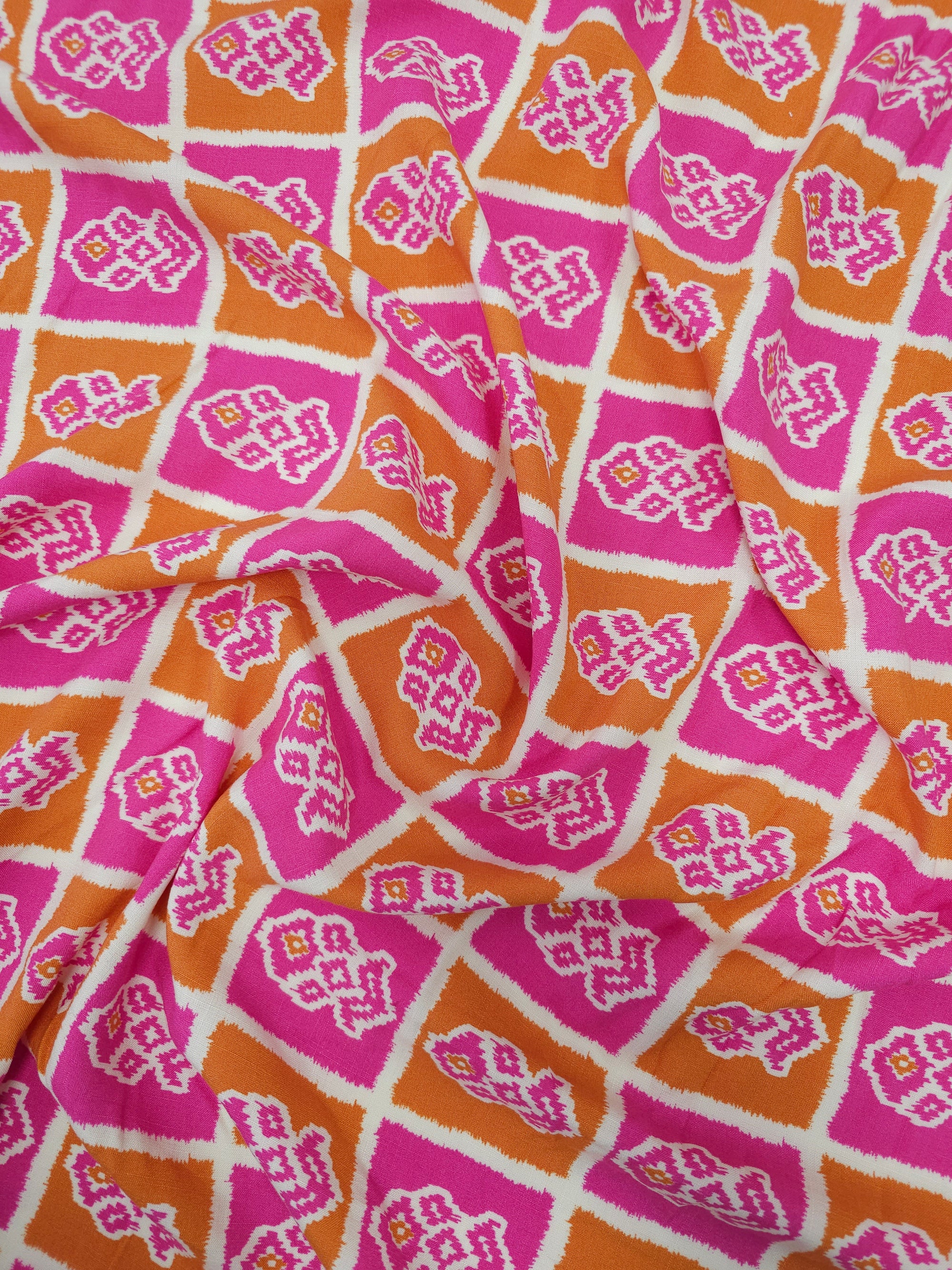 Pink/Orange Abstract Ikat Viscose Challis