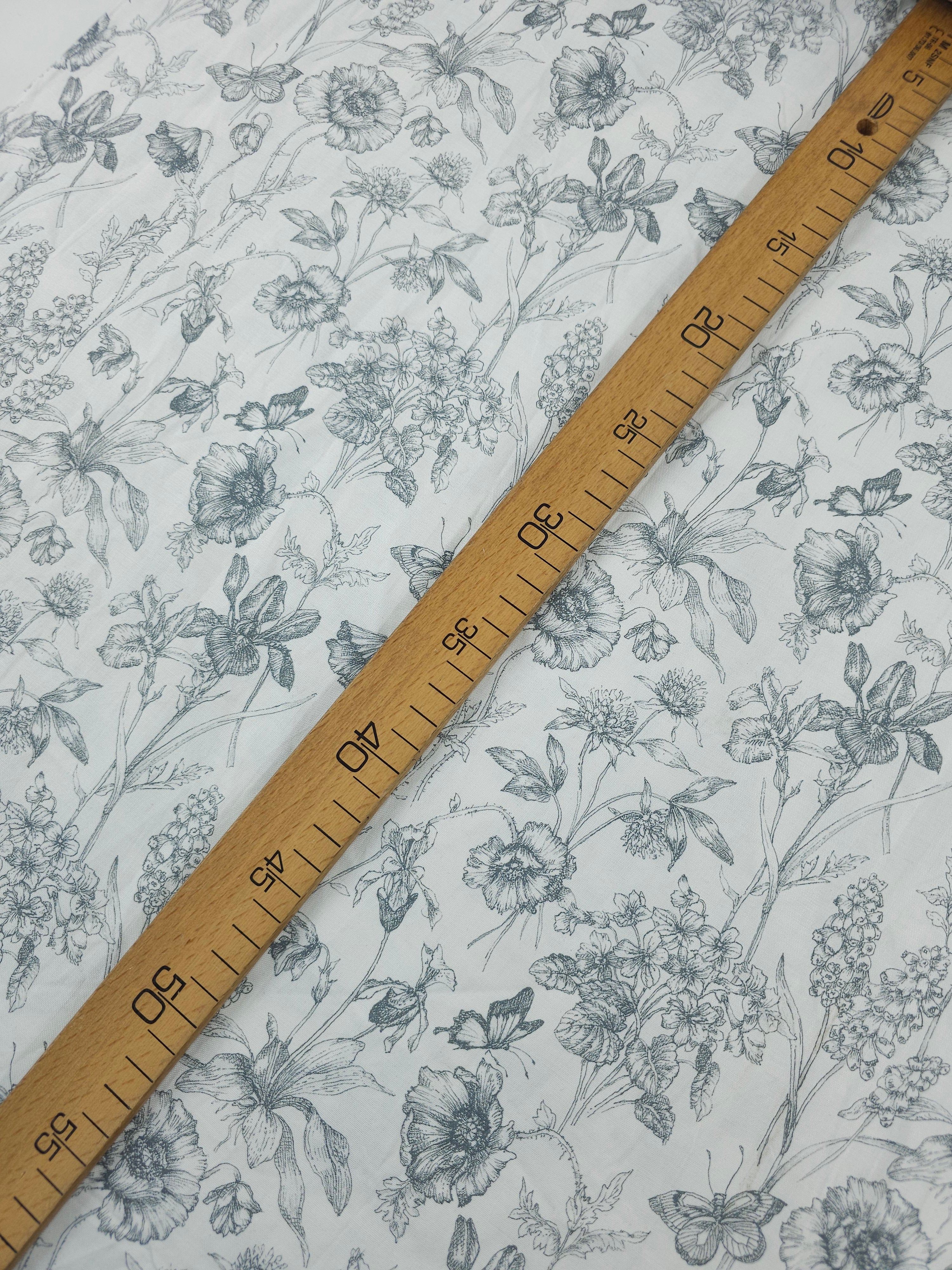 White/Grey Vintage Sketch Garden 100% Cotton