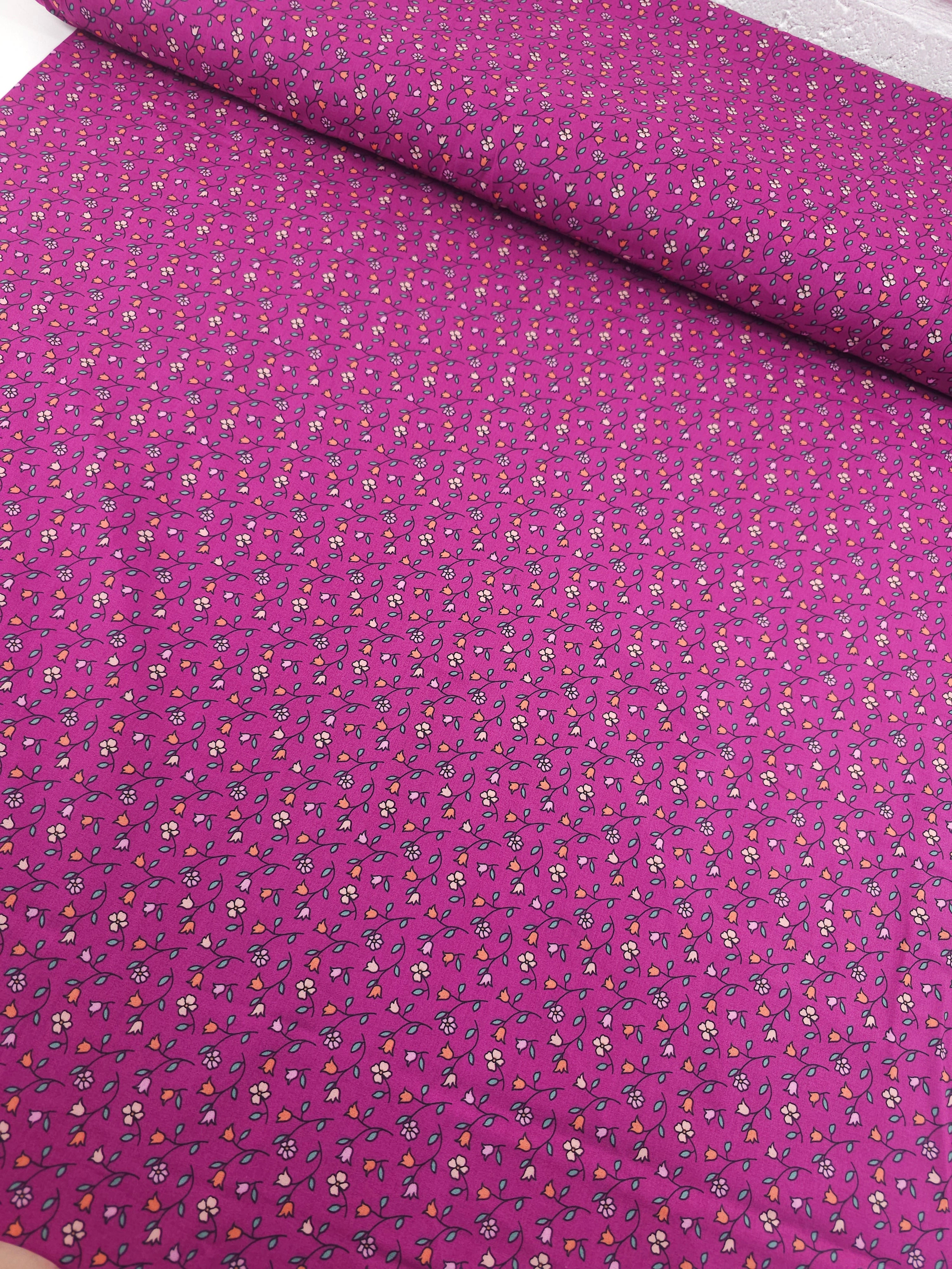 Magenta Tossed Tulip Stems Lightweight Cotton 57"