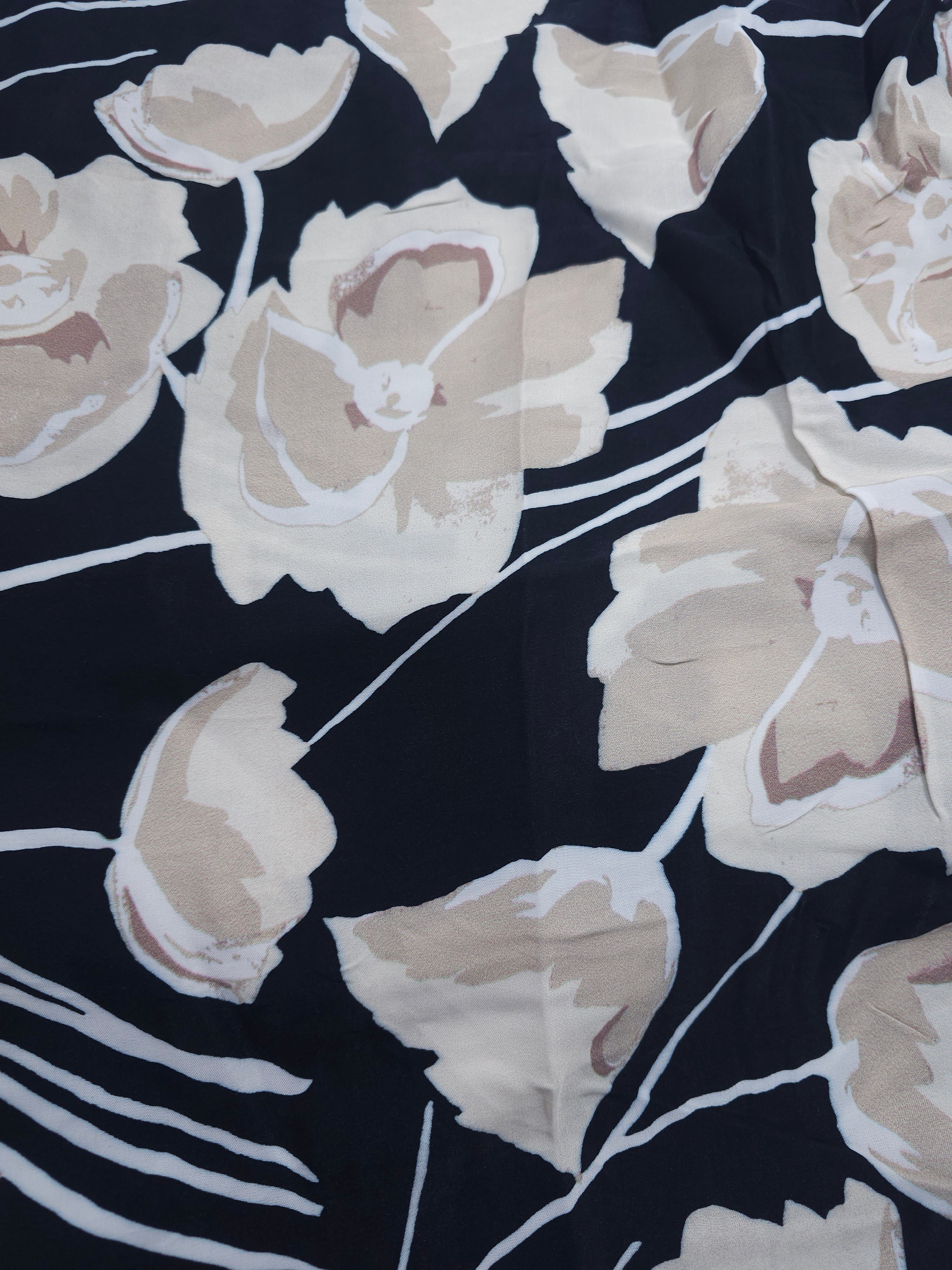 Black beige flower Viscose sateen- 2m piece