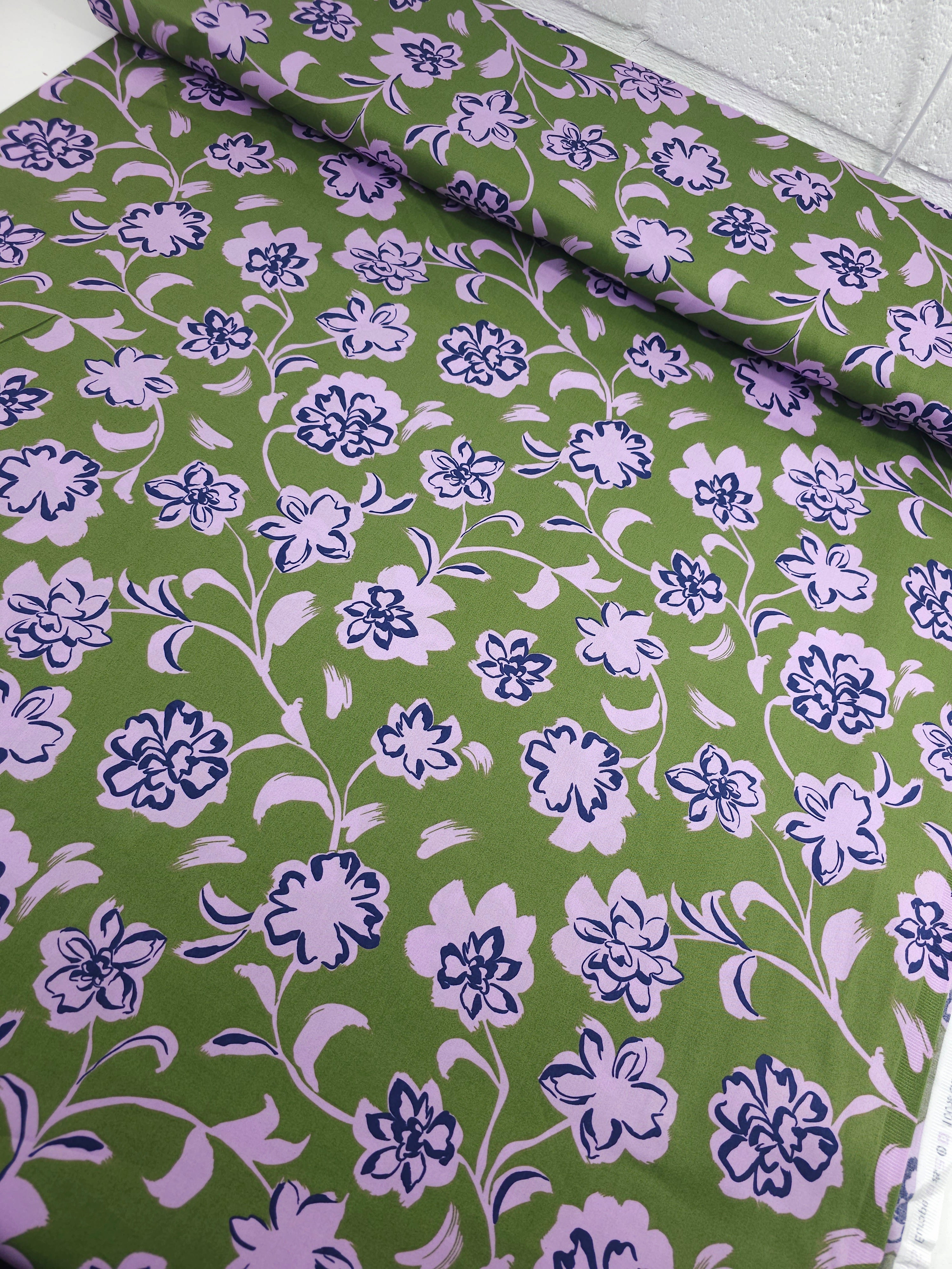 Green/Lilac Bordeaux Floral Cotton Sateen 57"