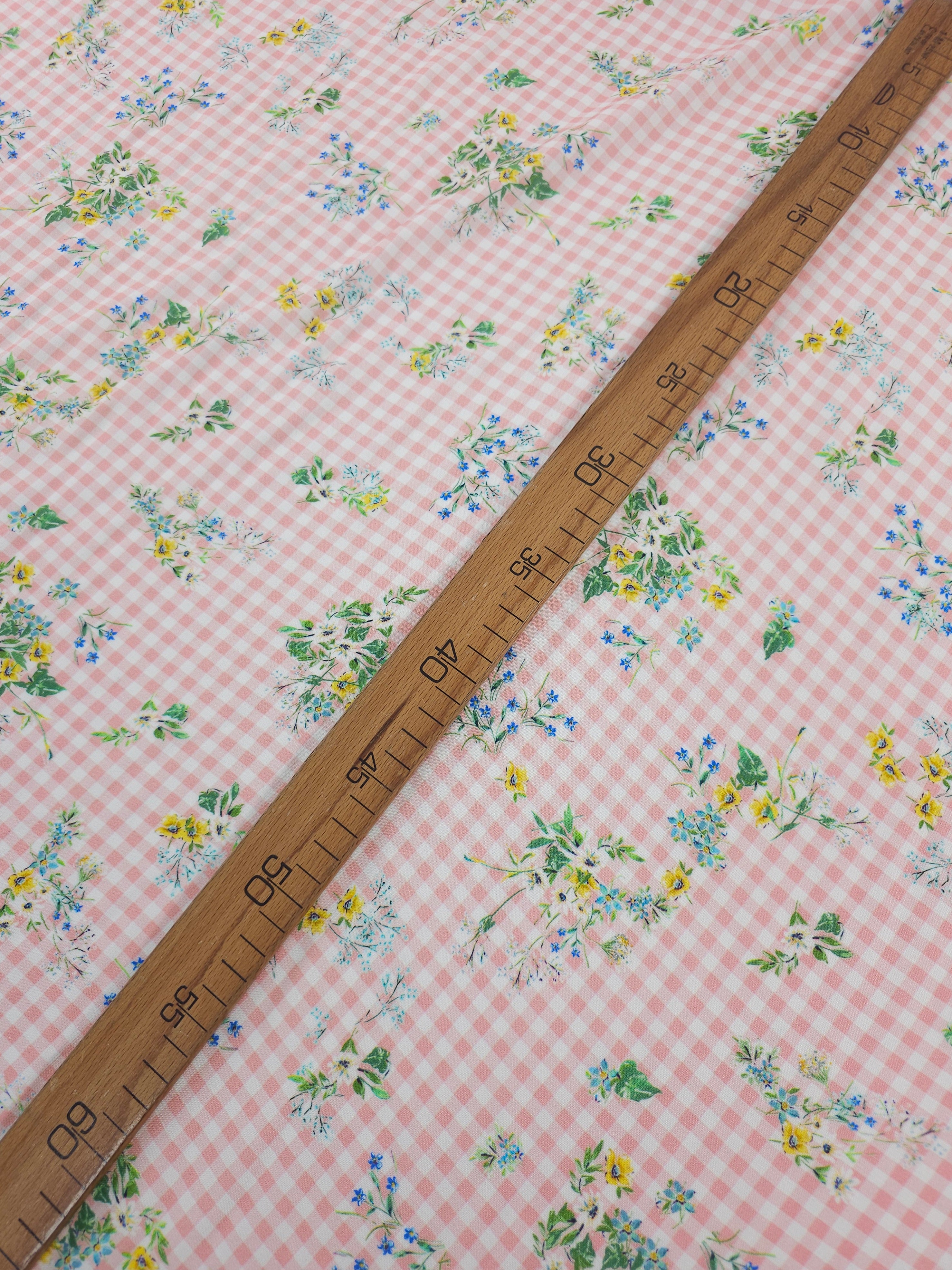 Light Pink Floral Bunch Gingham Viscose Challis