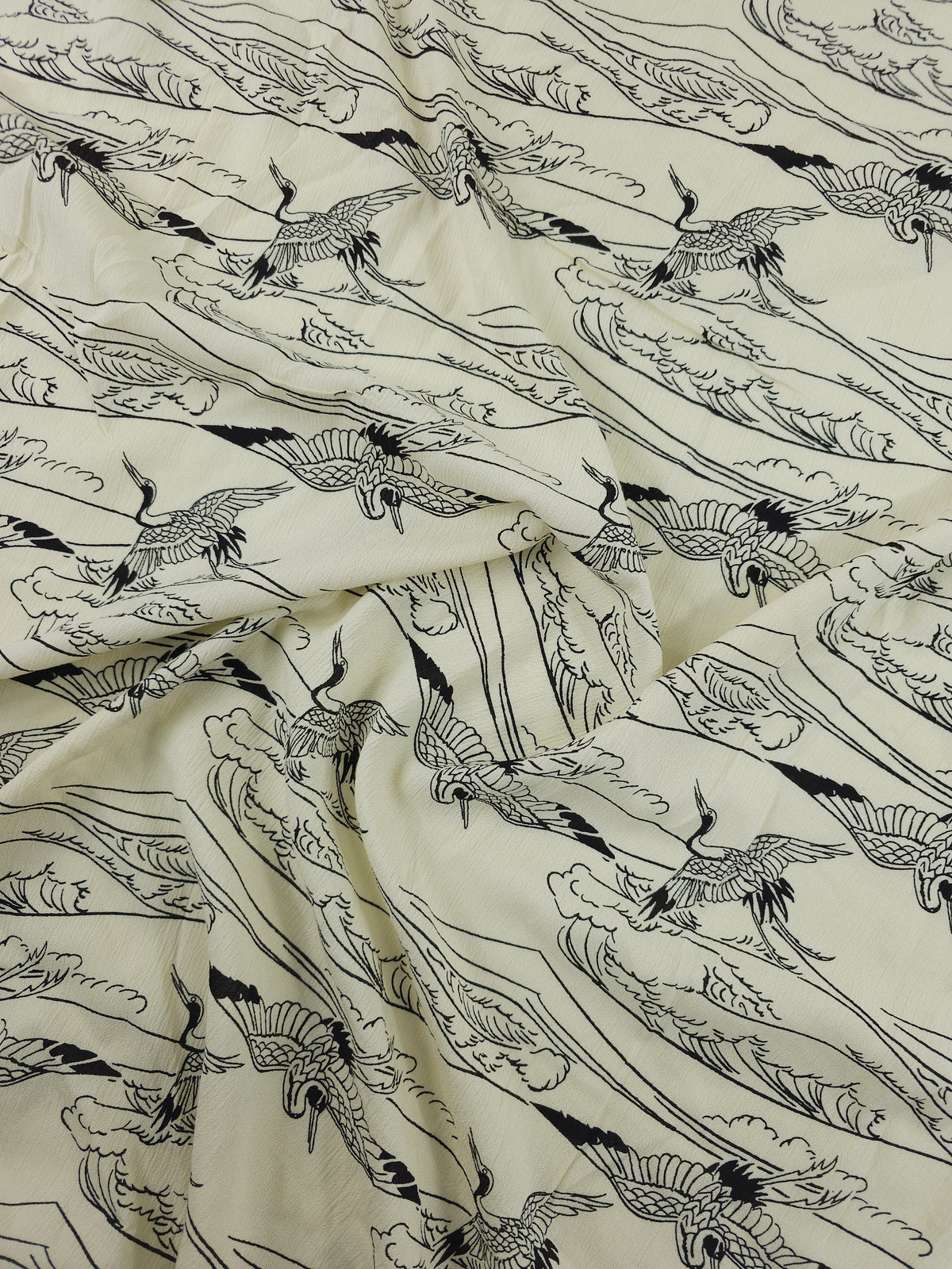 Creamy Ivory/Black Japanese Crane Crinkle Viscose
