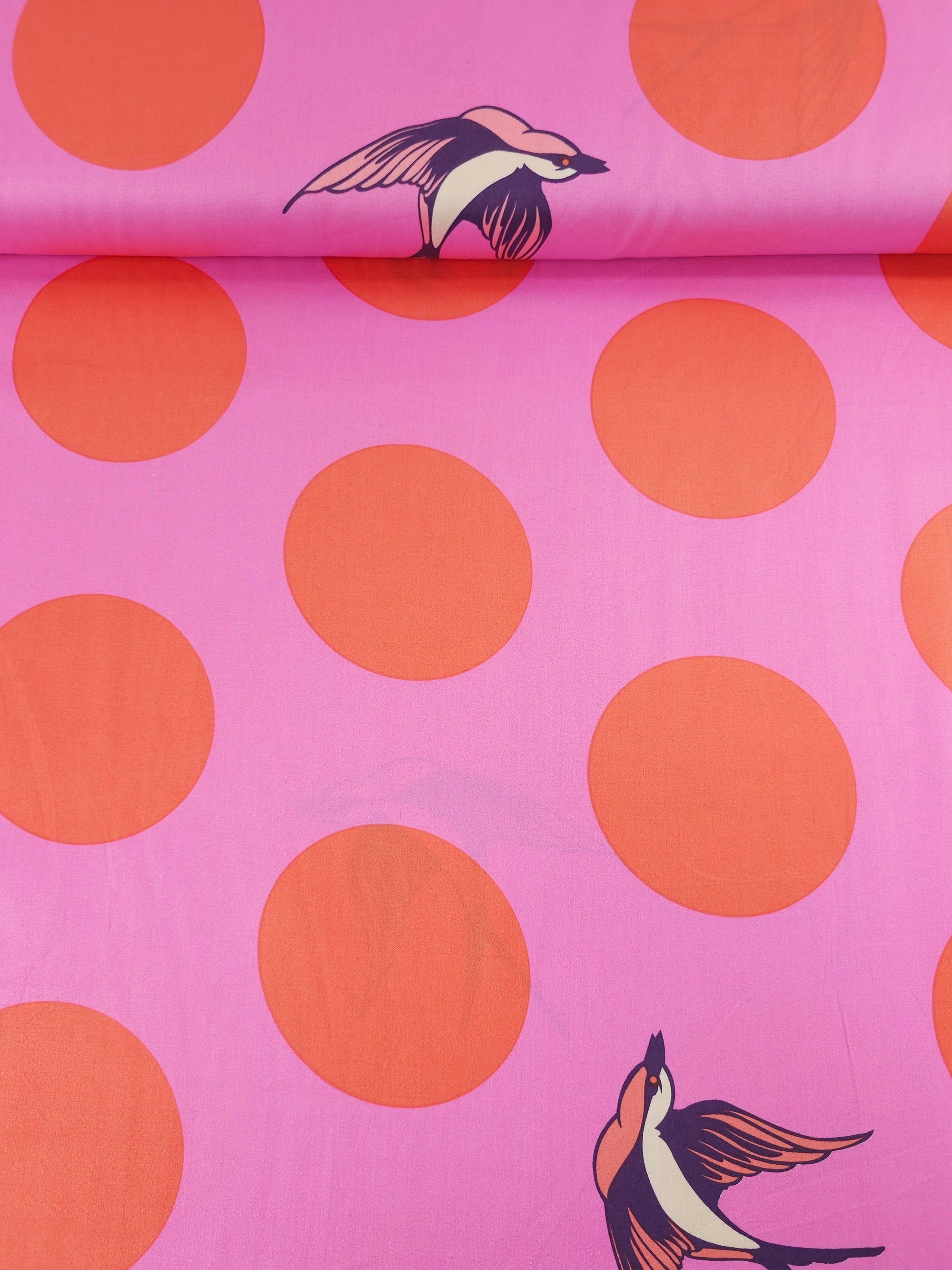 Orangey Red/Pink Free Fall Bird Polka Cotton Sateen 103" - Tula Pink *EXTRA WIDE*