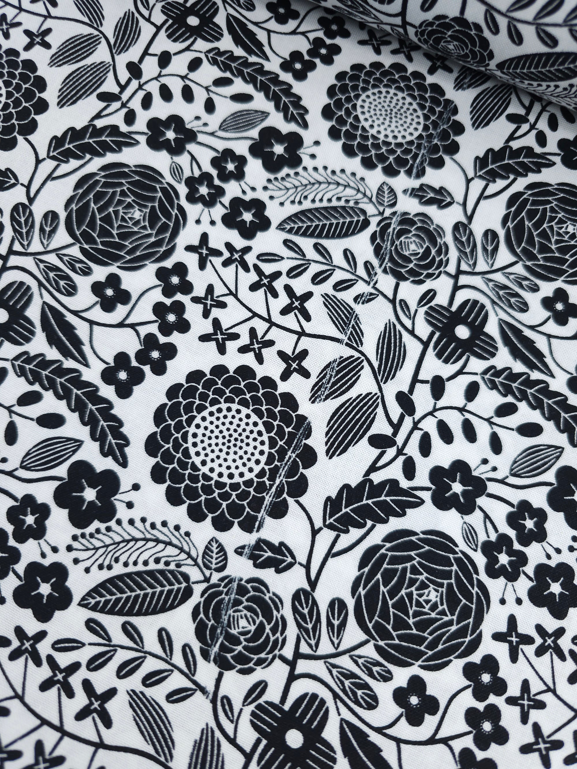 Black/White Floral Bloom 100% Cotton - Benartex *DEFECT*